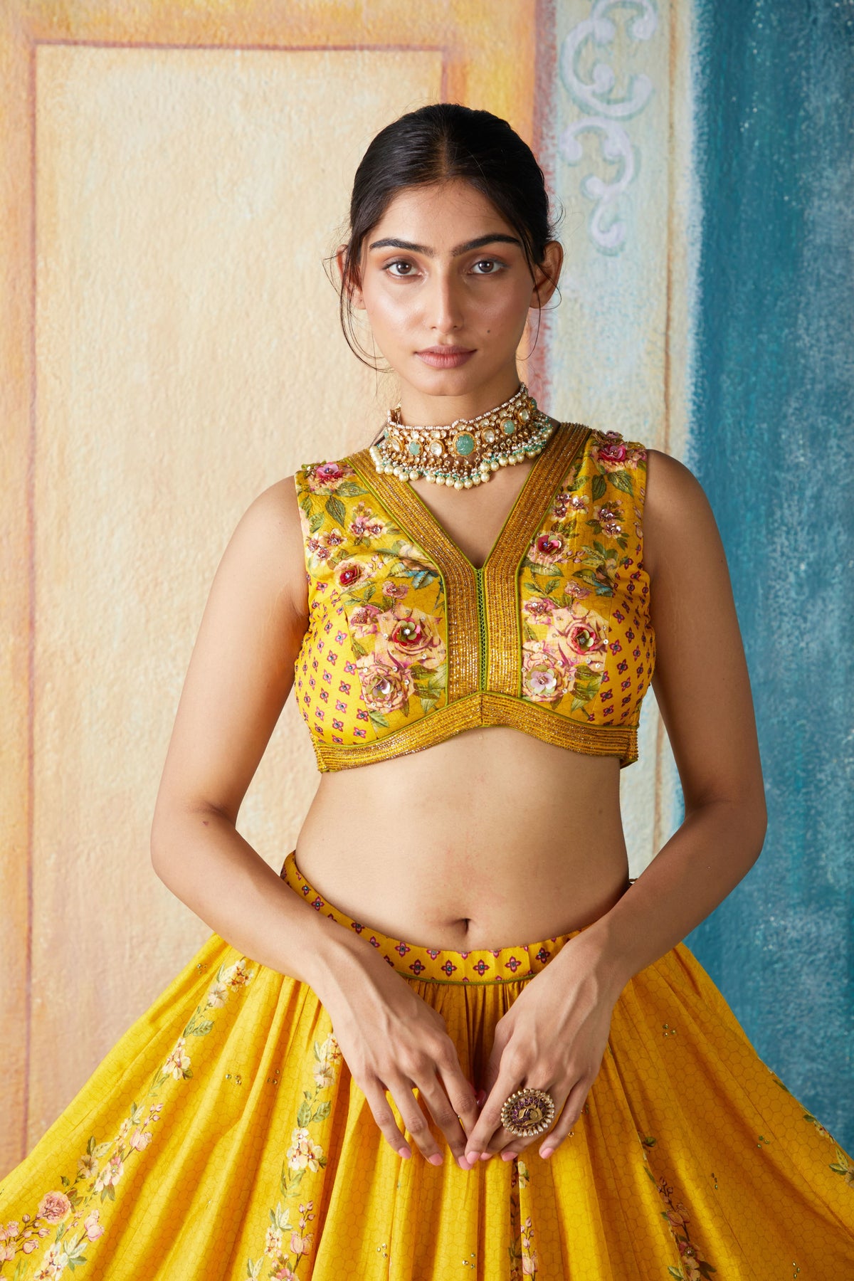 Yellow printed lehenga set