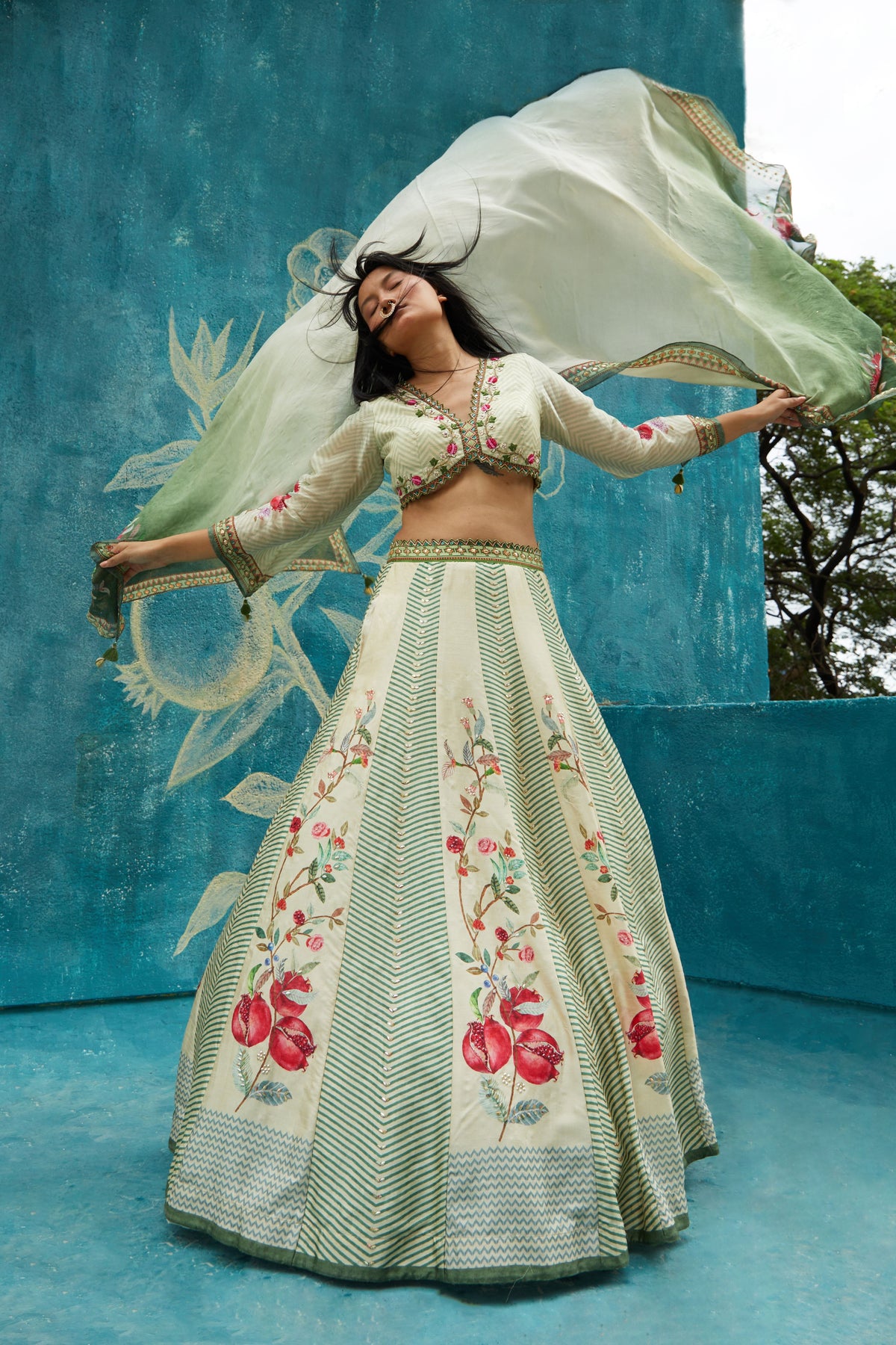 Printed lehenga set in beige