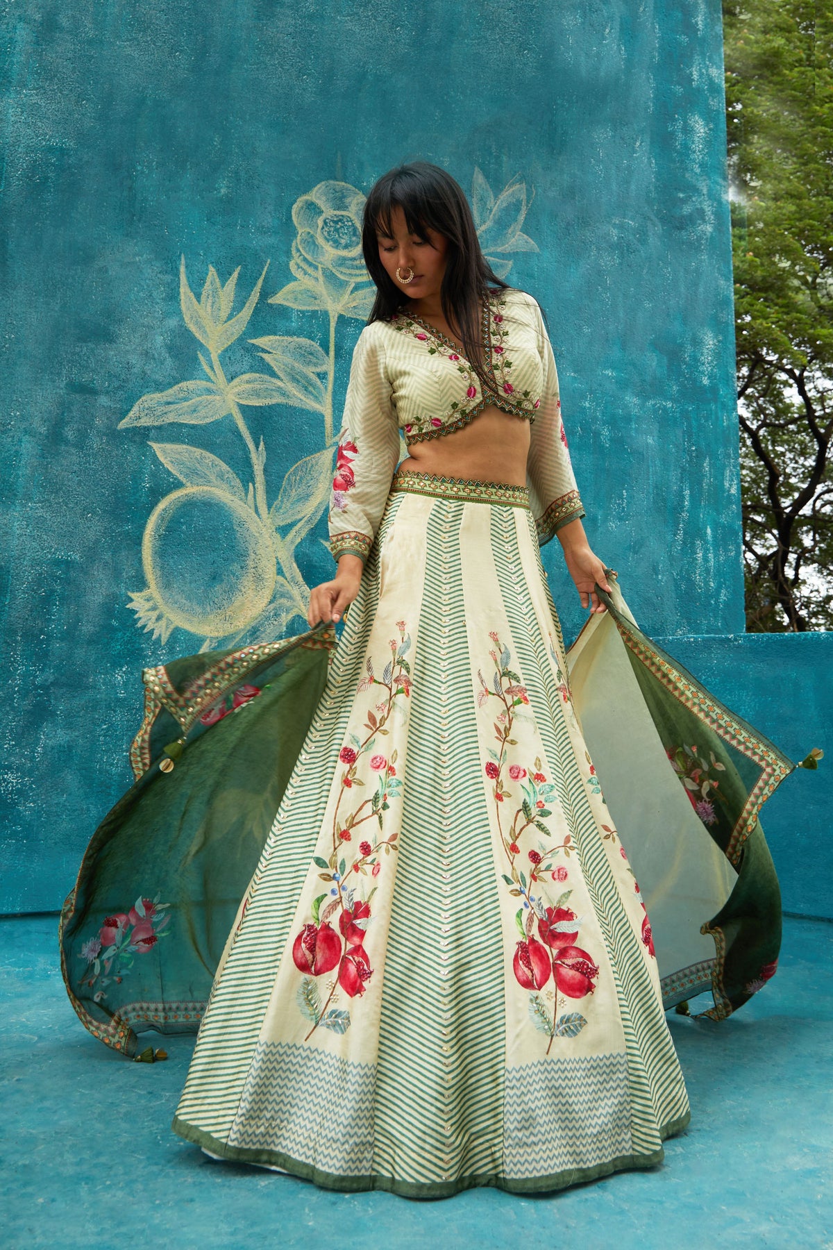 Printed lehenga set in beige