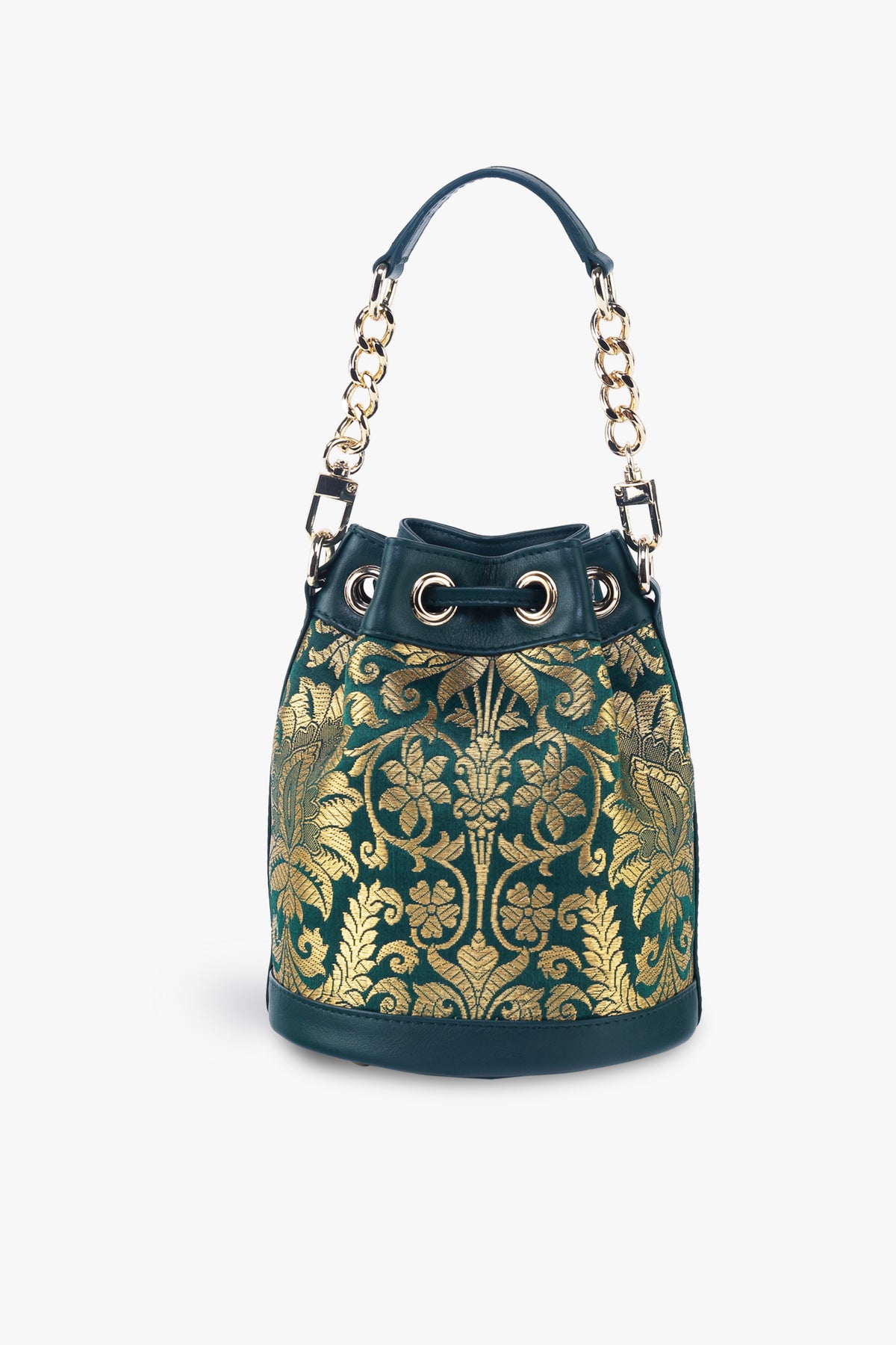 Forrest Green Brocade Bucket Bag