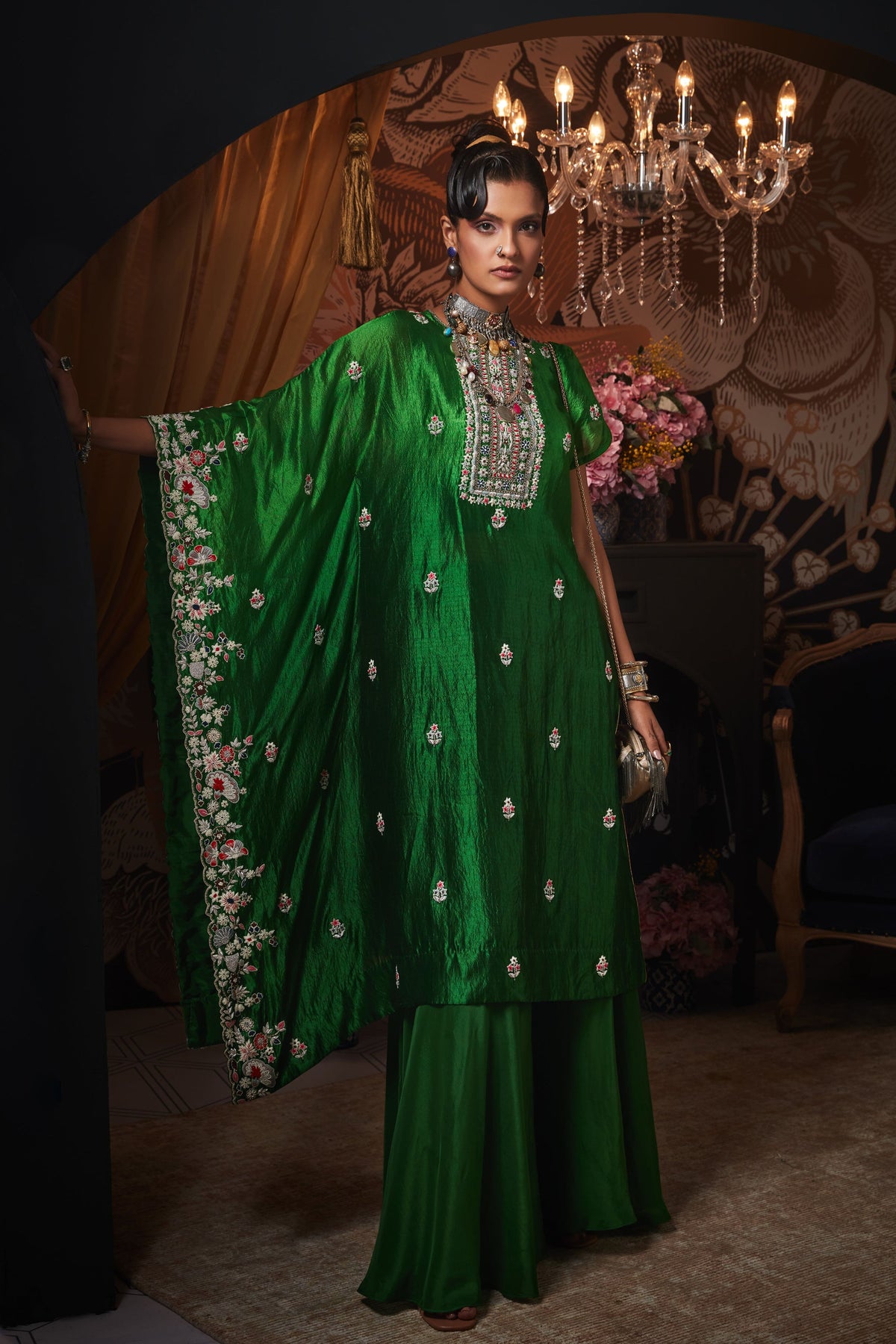 Green Embroidered Silk Kaftan Set