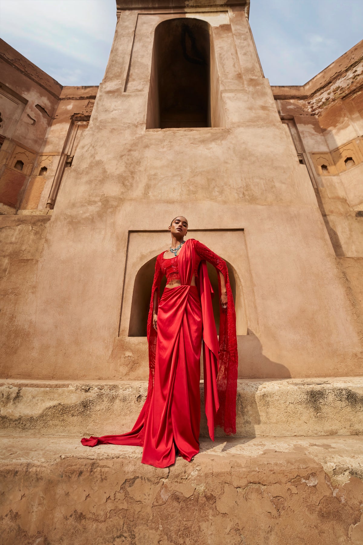 Red Moonlit Mirage Draped Saree Set