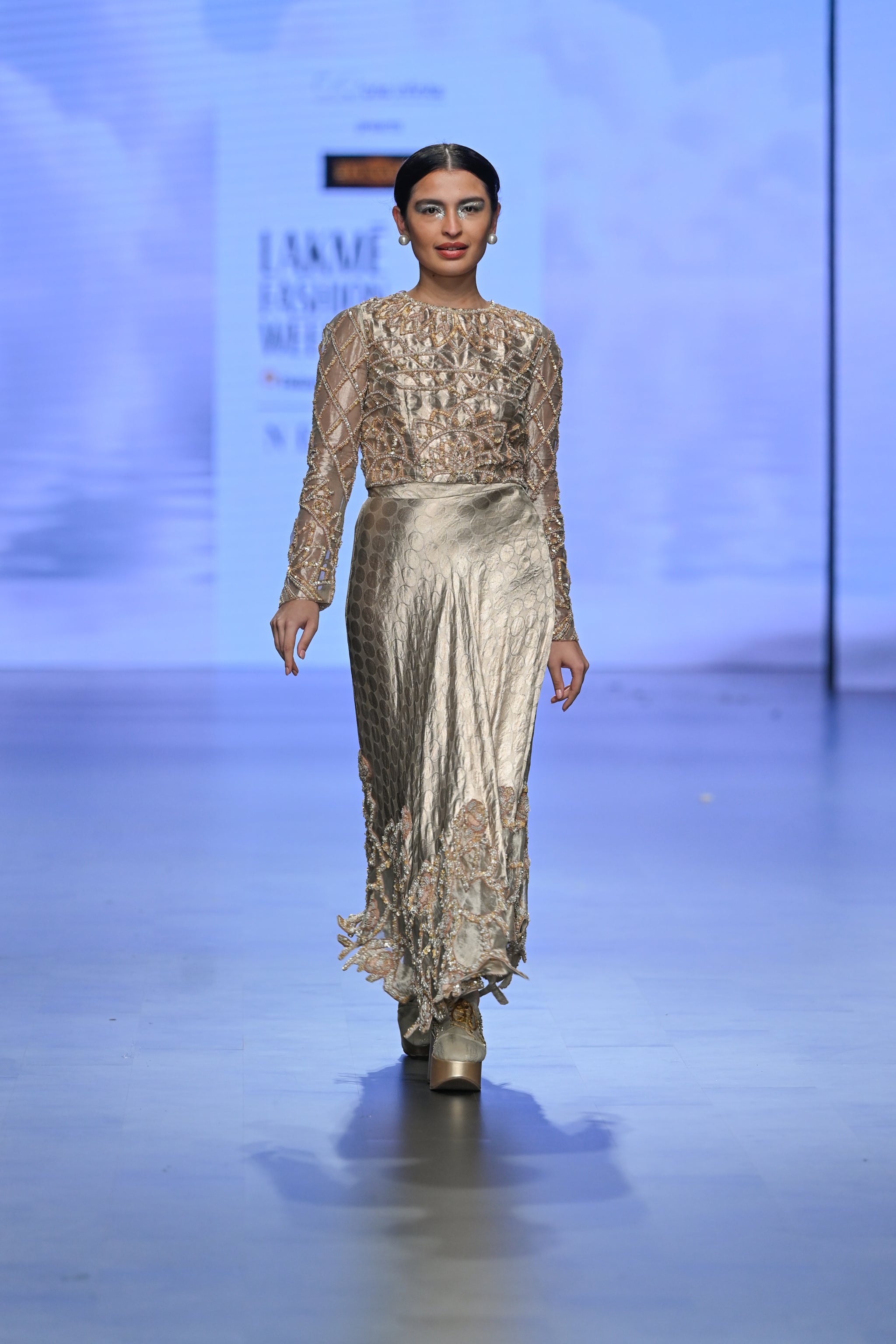 western dress fashion show Gold Net Indo Western Tube Mini Dress With Heavy Embroidery