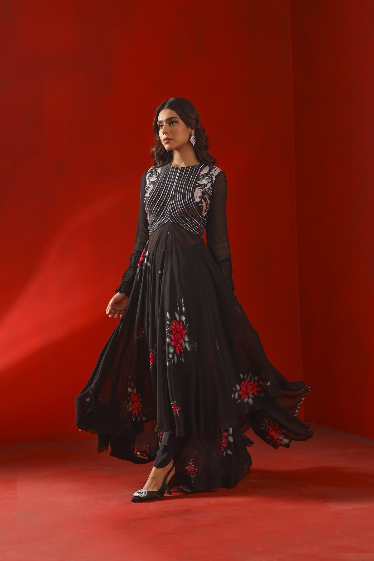 Black magnolia printed Kurta set