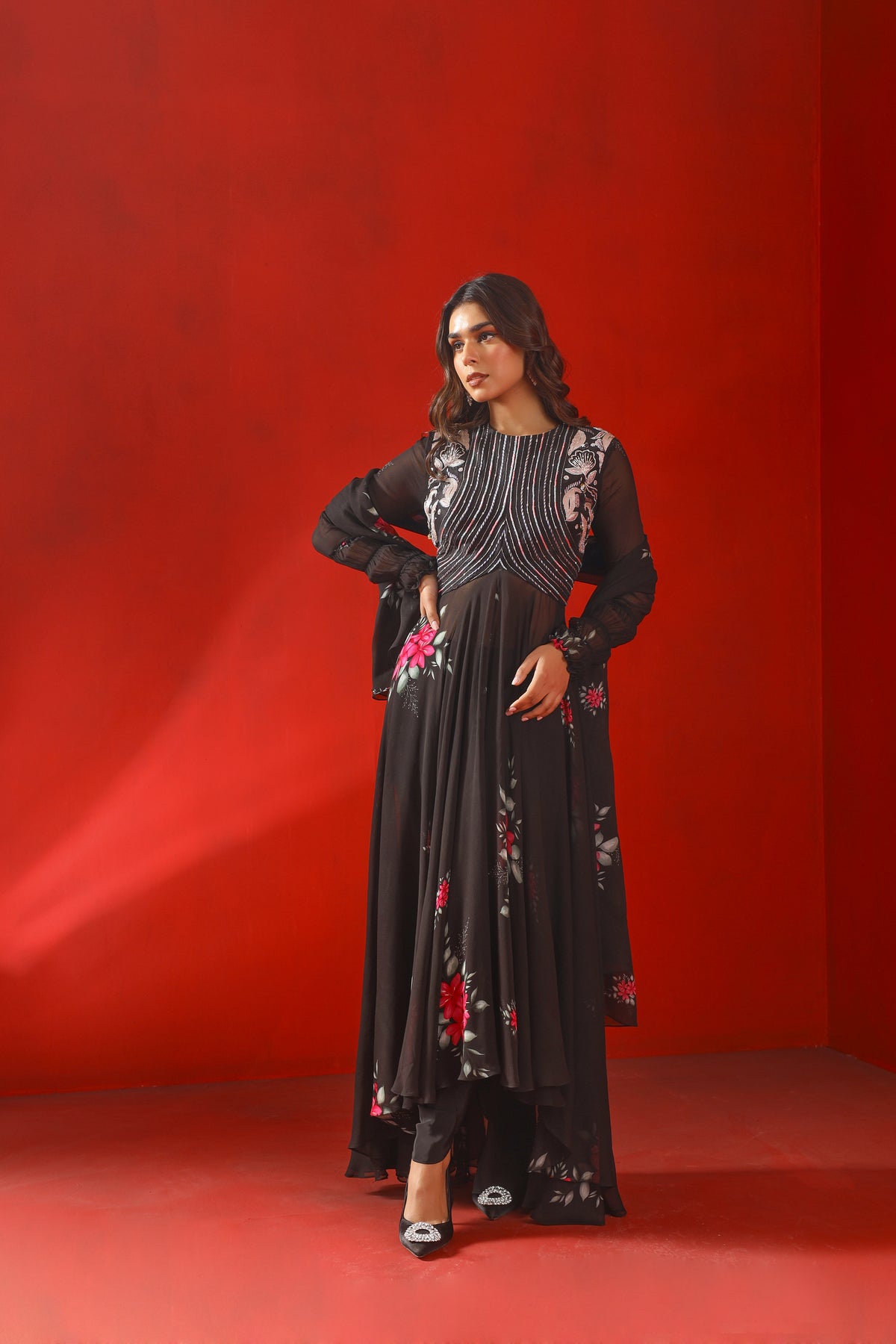 Black magnolia printed Kurta set