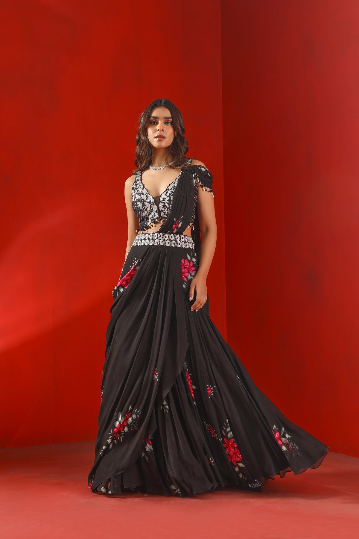 Black magnolia printed saree set