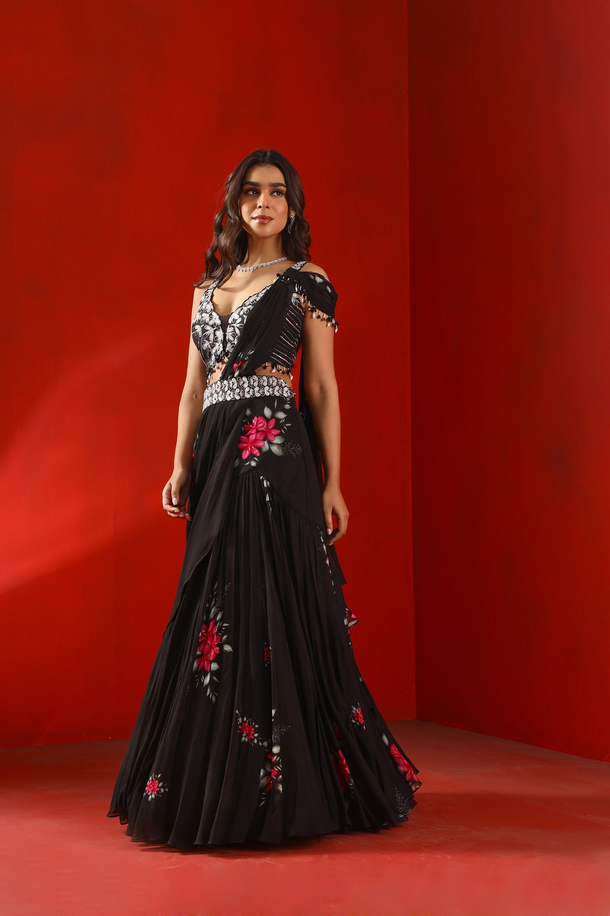Black magnolia printed saree set