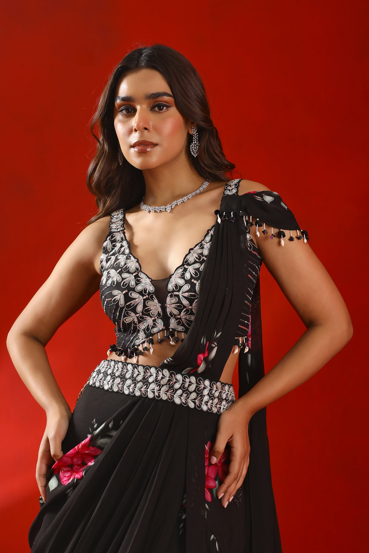 Black magnolia printed saree set
