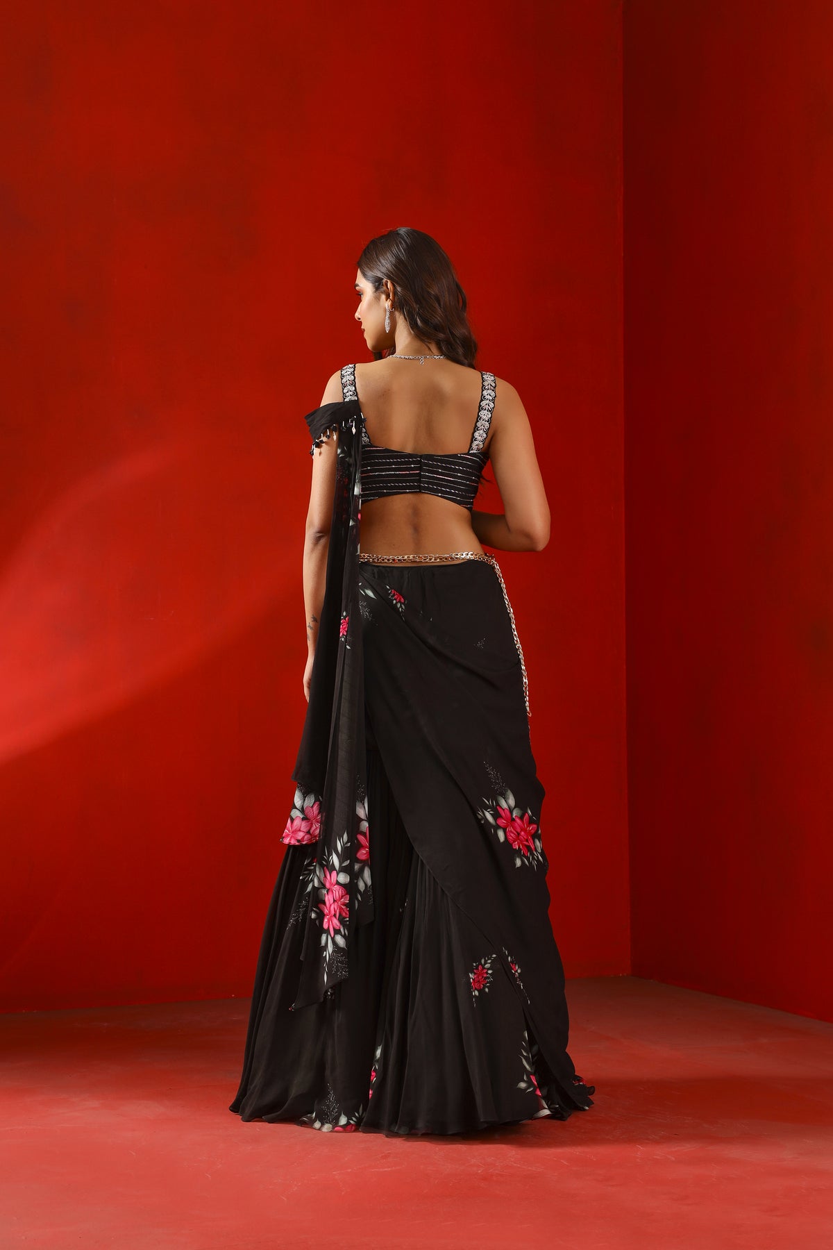 Black magnolia printed saree set