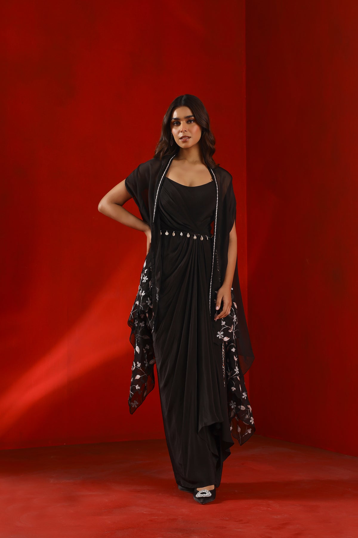 Black magnolia dress and cape set
