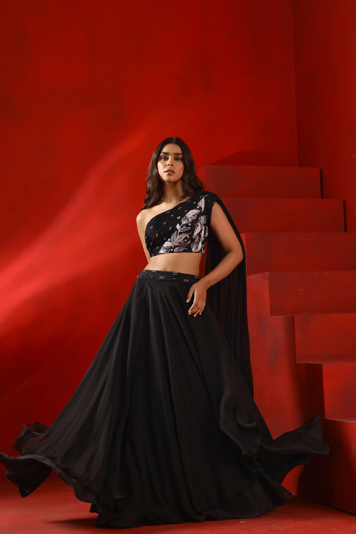 Black magnolia drape lehenga set