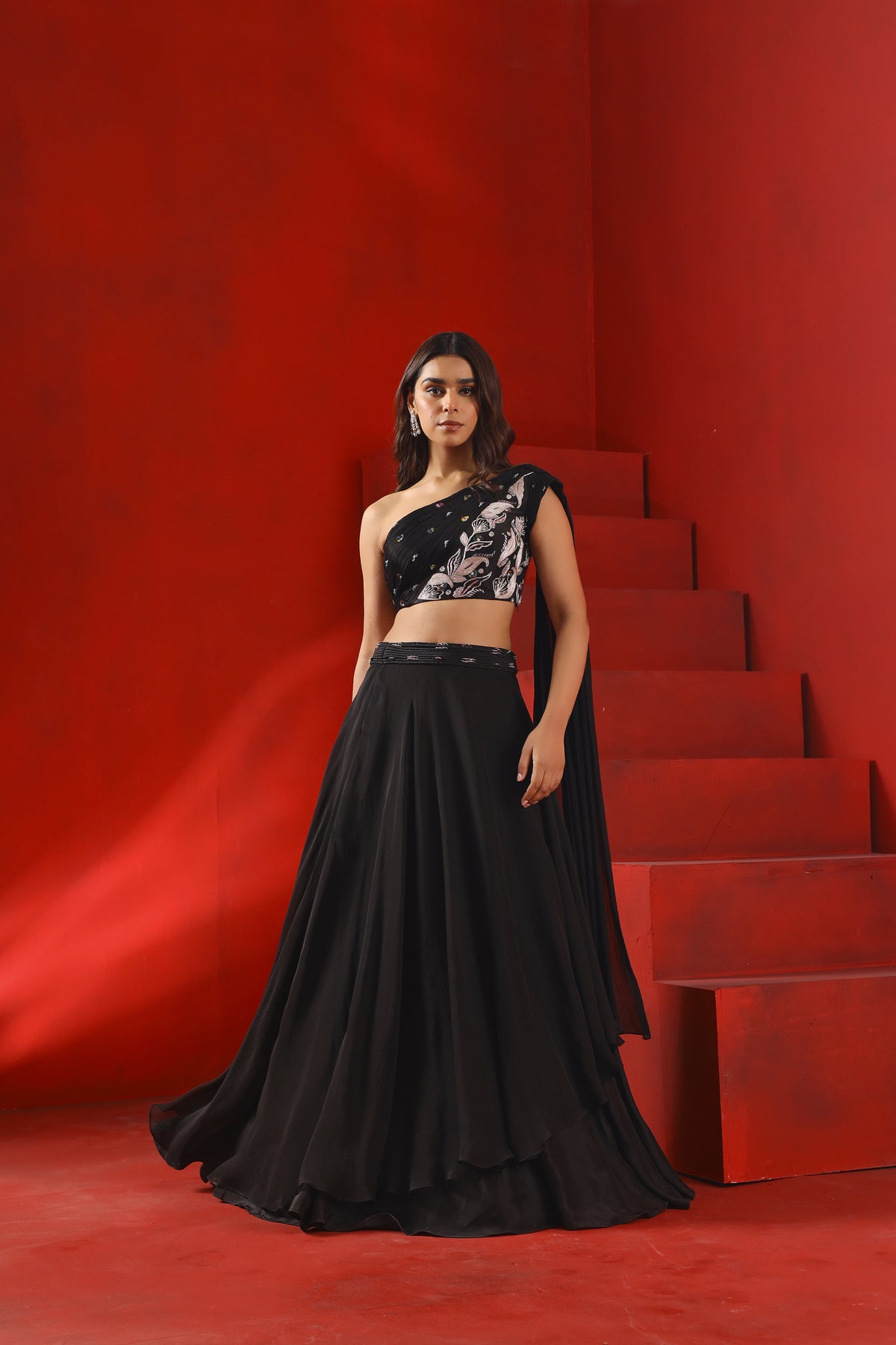 Black magnolia drape lehenga set