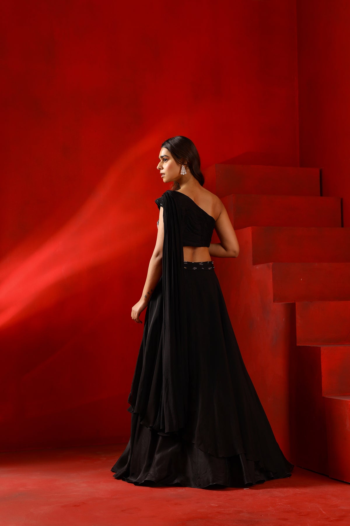 Black magnolia drape lehenga set