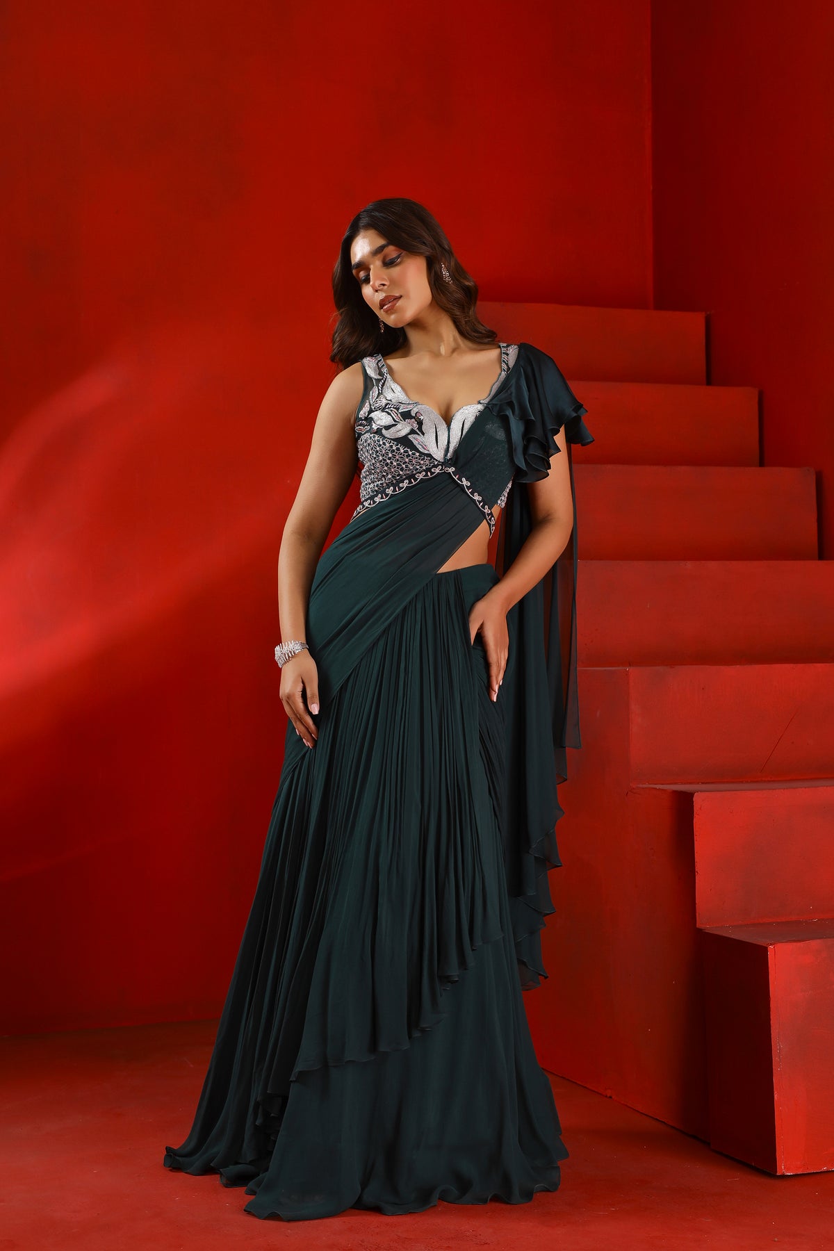 Midnight green drape saree set