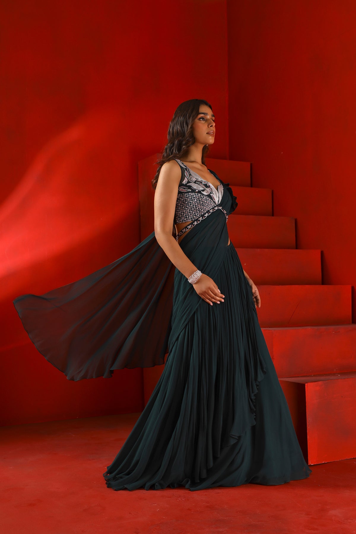 Midnight green drape saree set
