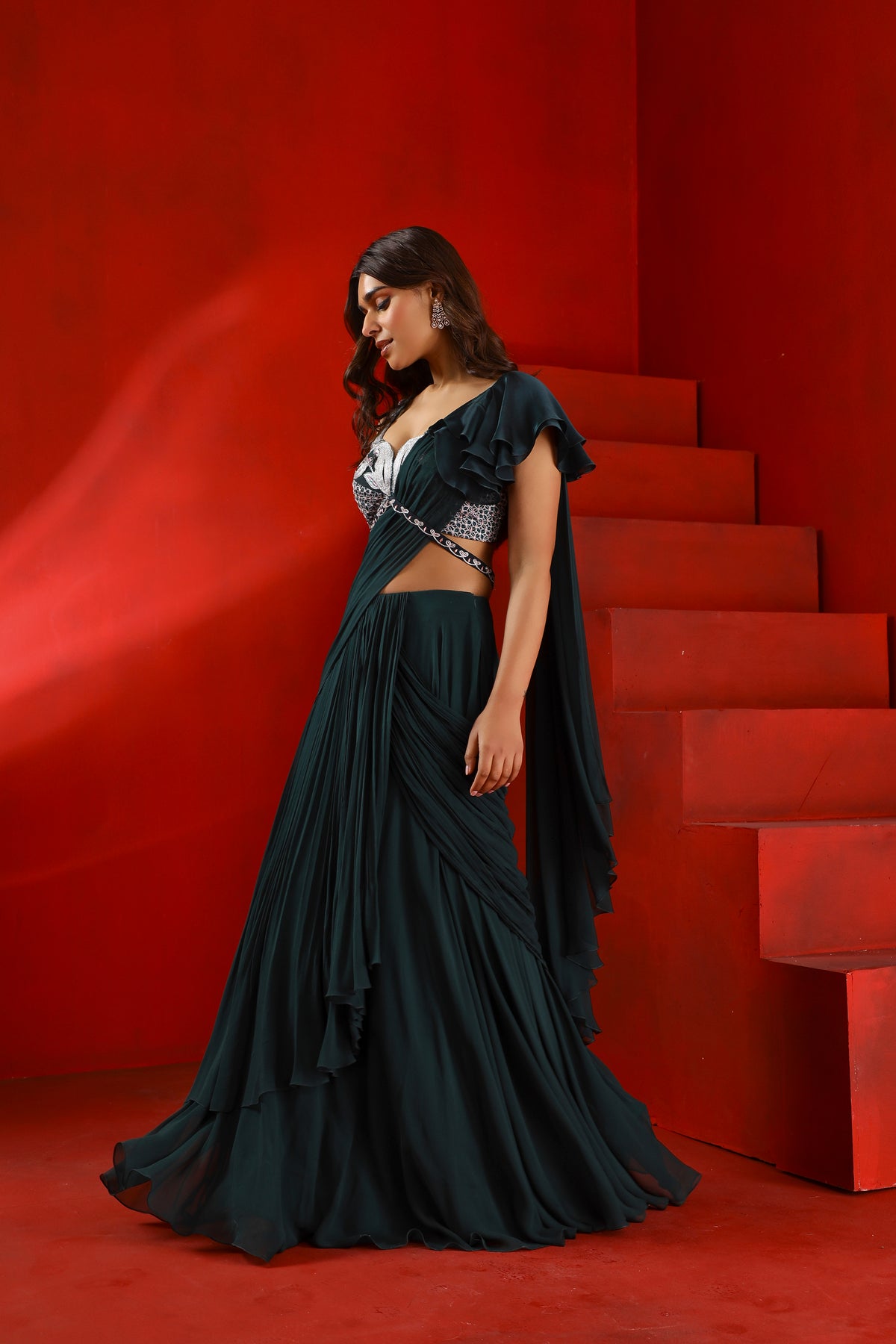 Midnight green drape saree set