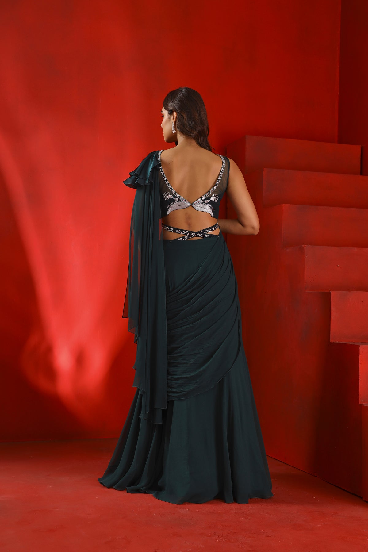 Midnight green drape saree set