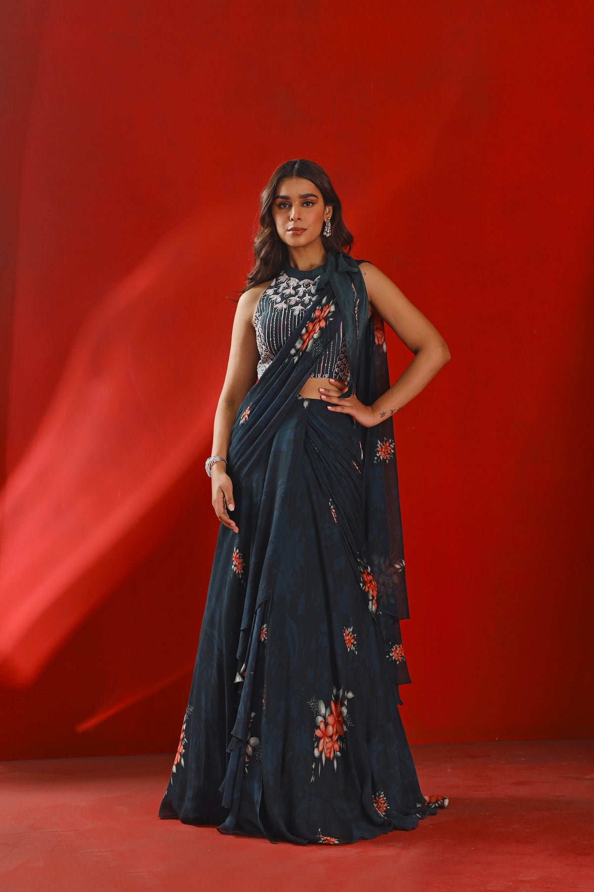 Midnight green printed drape saree set
