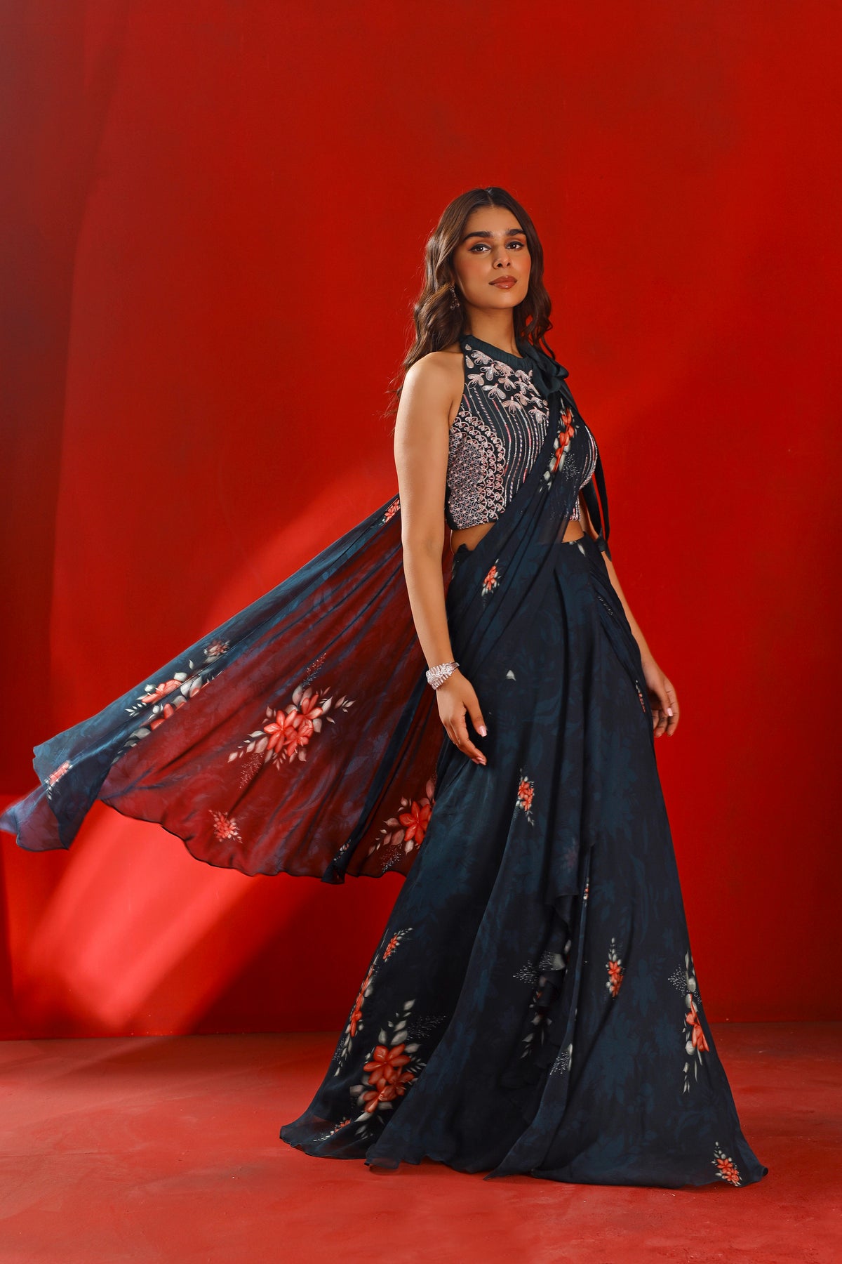 Midnight green printed drape saree set
