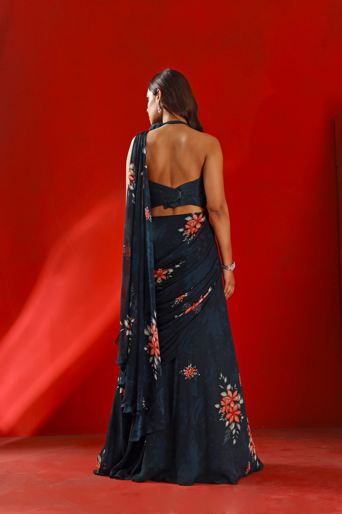 Midnight green printed drape saree set