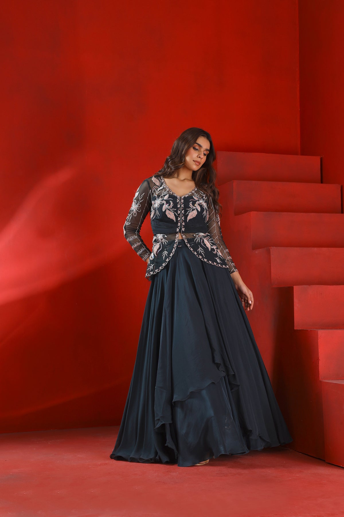 Midnight green jacket and layered lehenga set