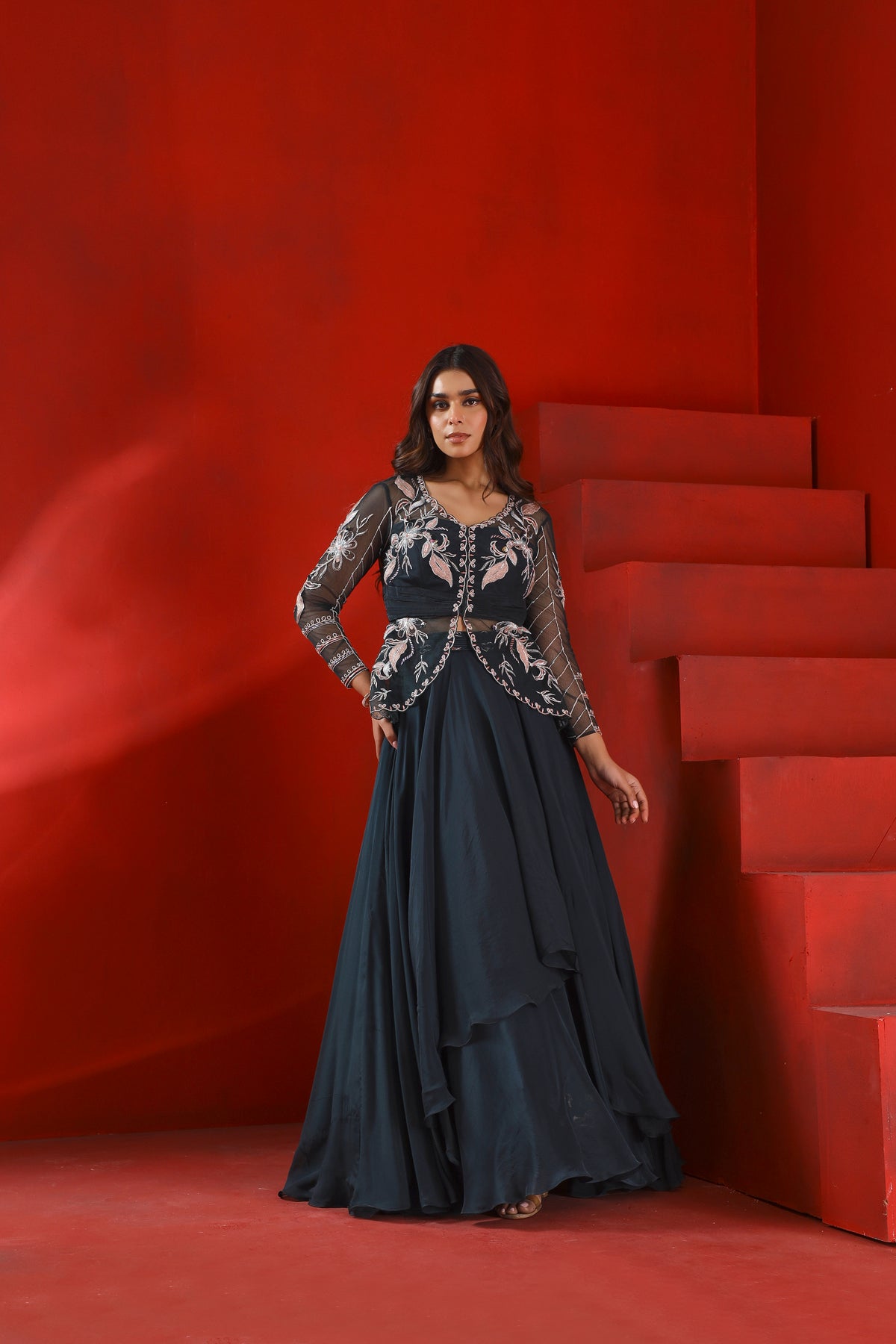 Midnight green jacket and layered lehenga set