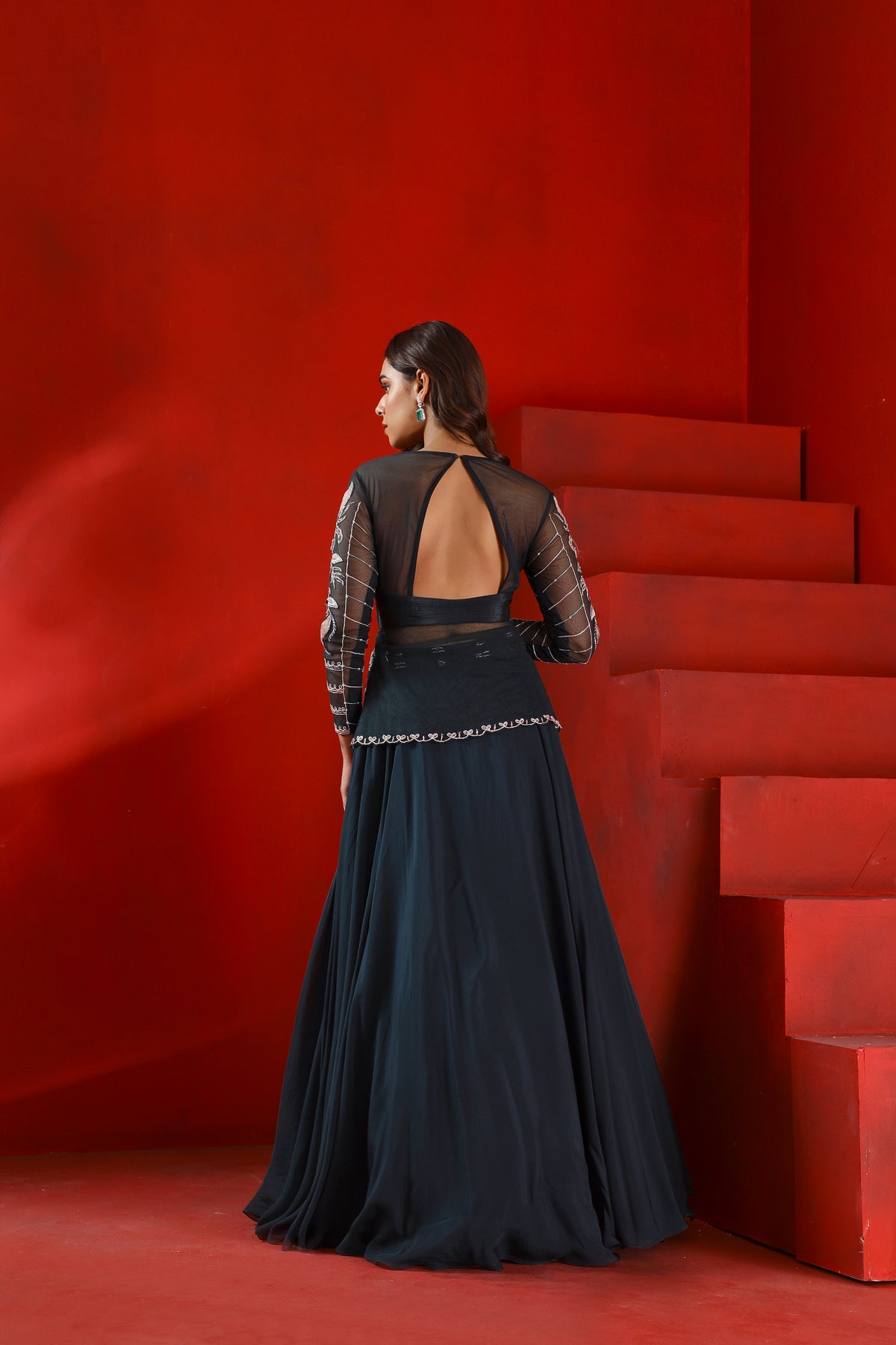 Midnight green jacket and layered lehenga set