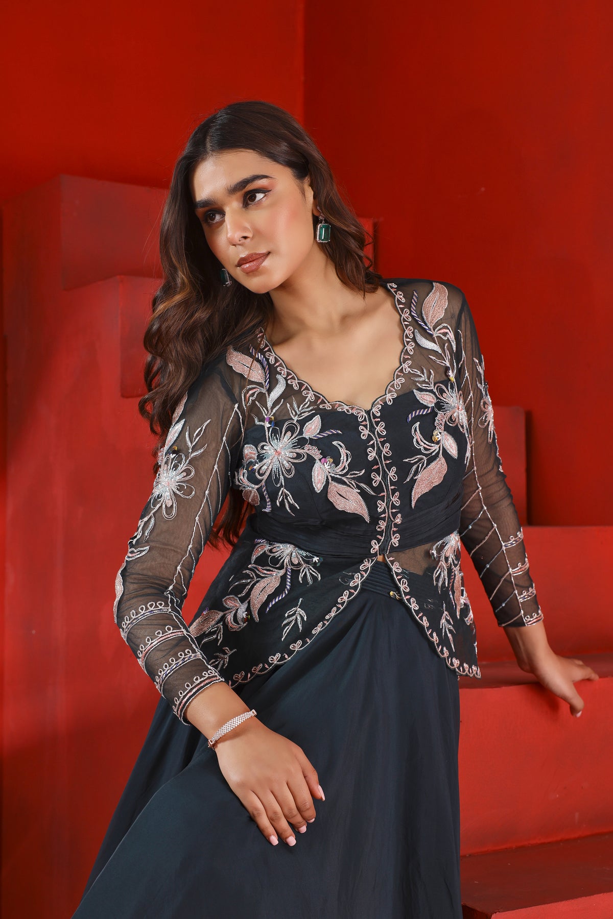 Midnight green jacket and layered lehenga set