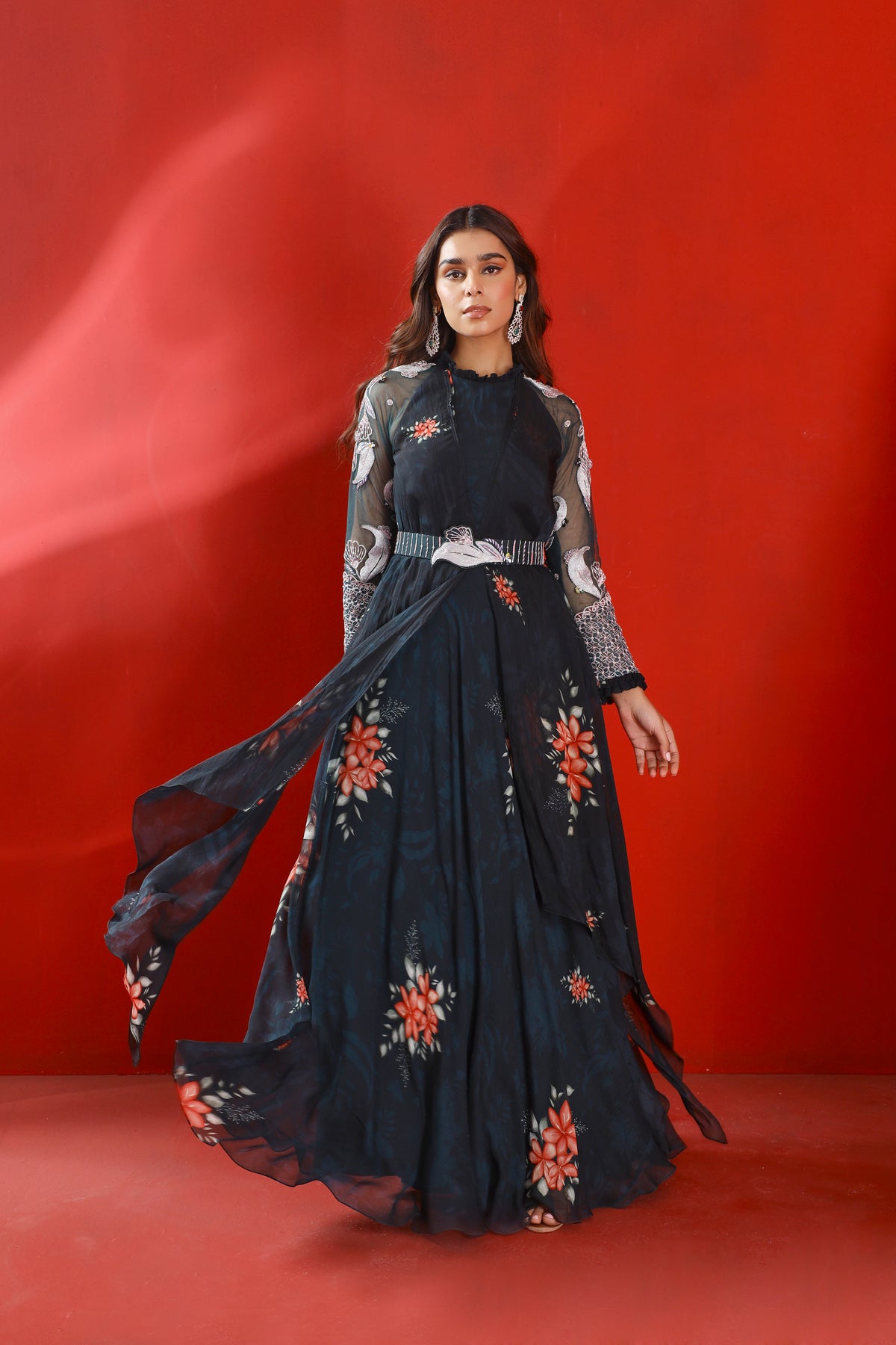 Midnight green printed gown set