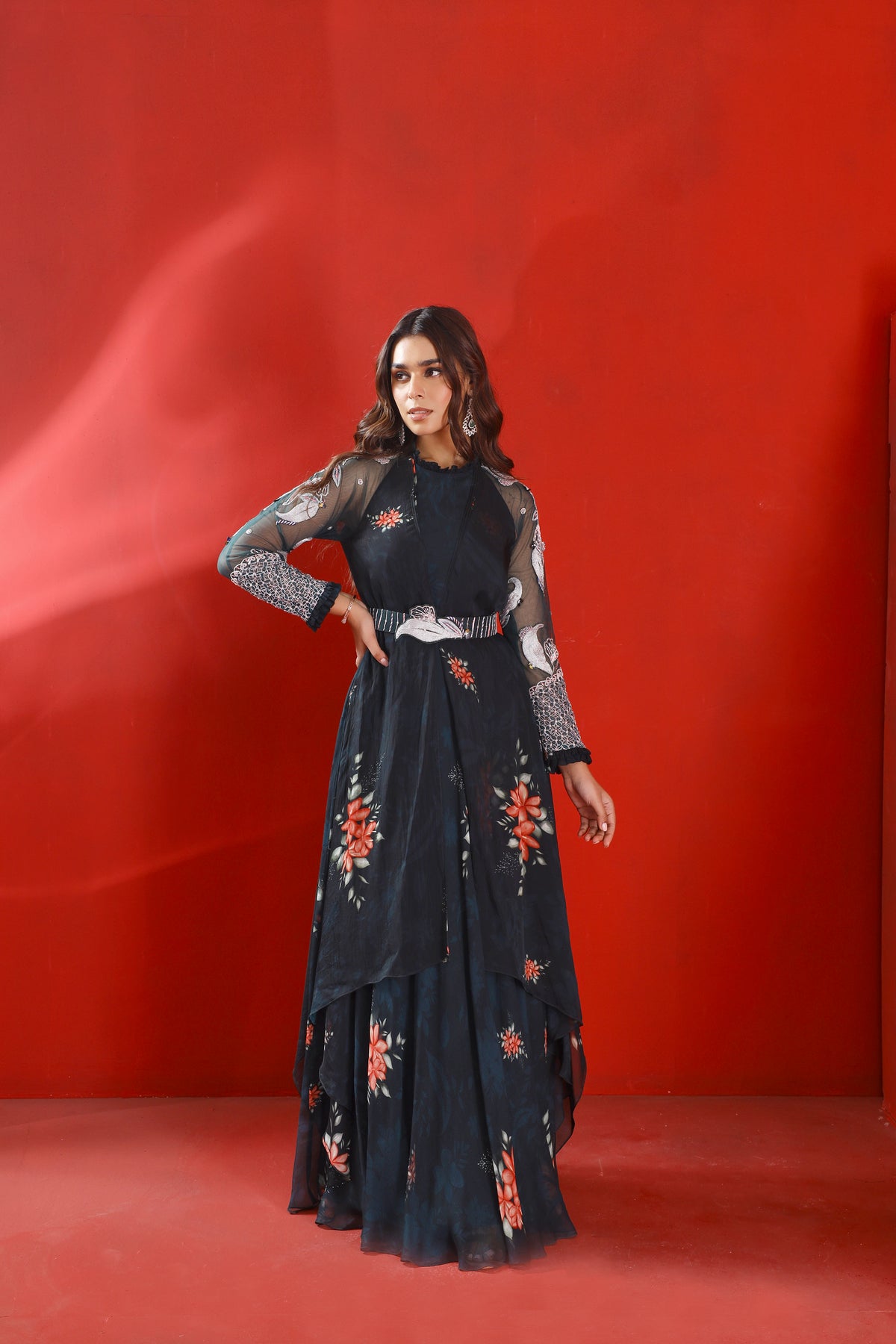 Midnight green printed gown set