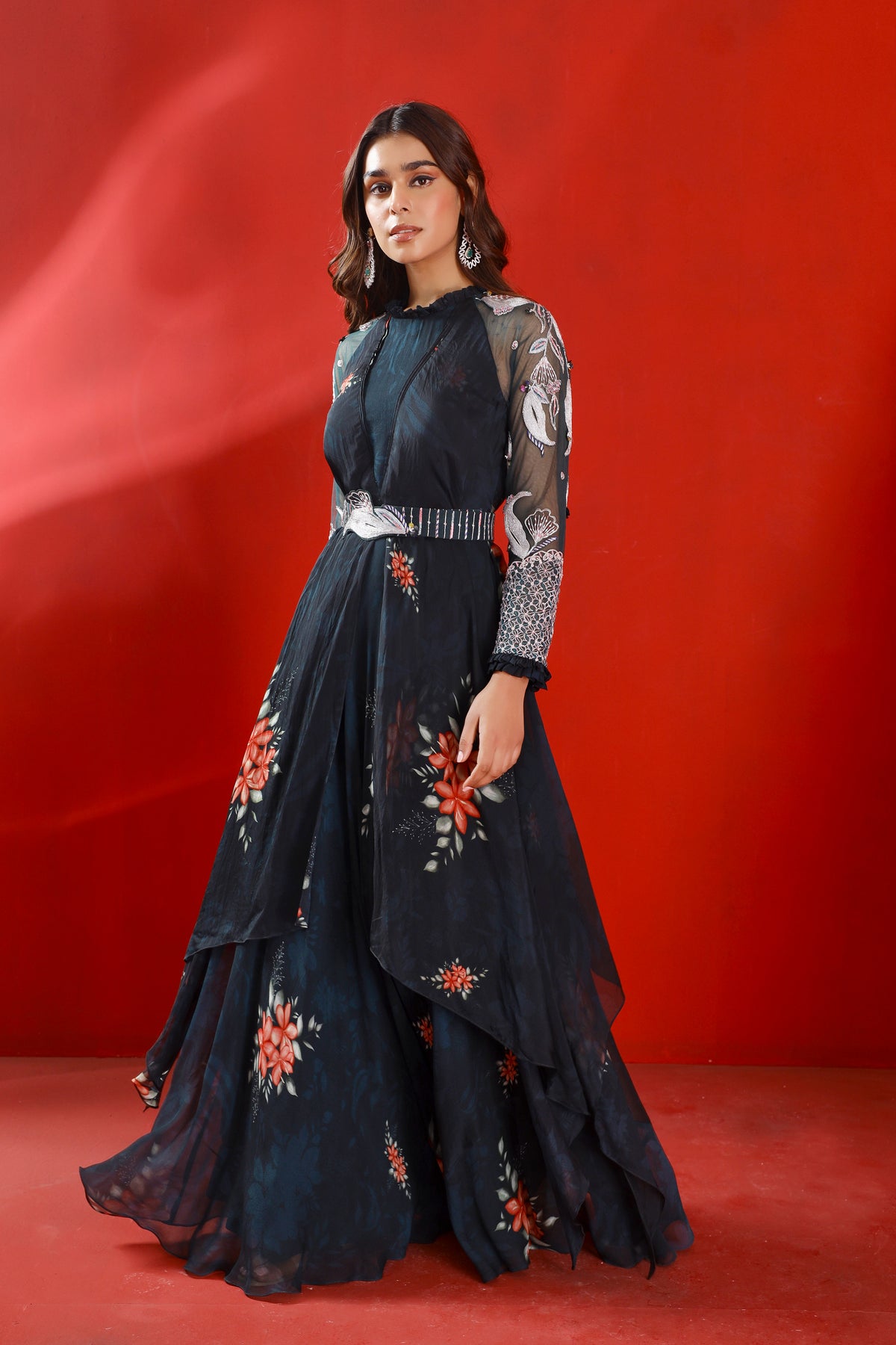 Midnight green printed gown set