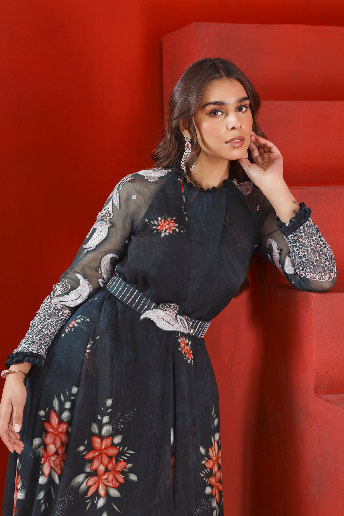 Midnight green printed gown set