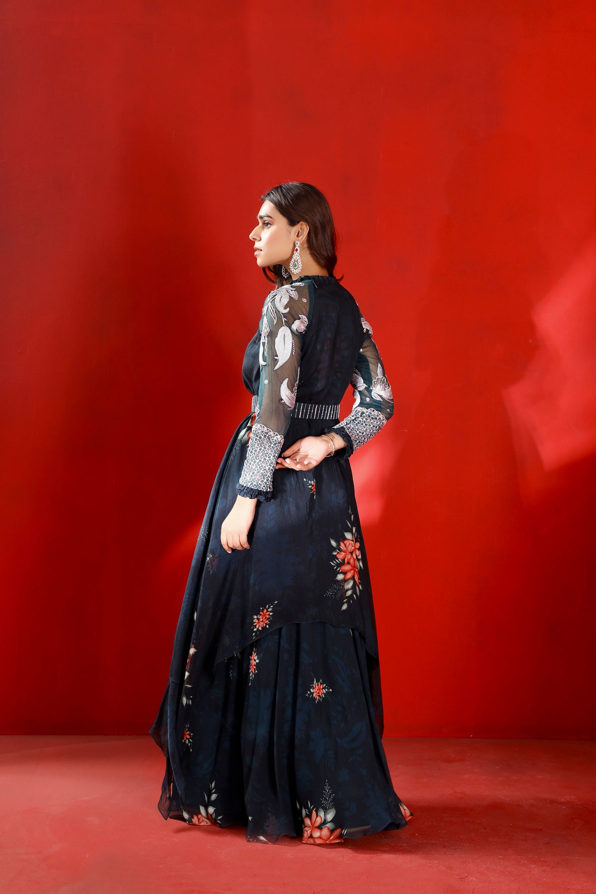 Midnight green printed gown set