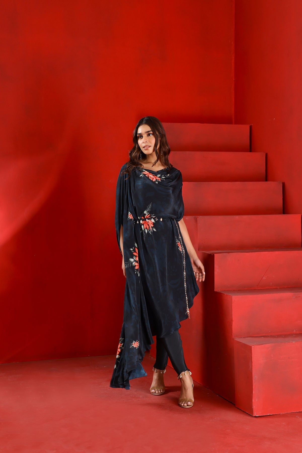Midnight green drape kaftan tunic set