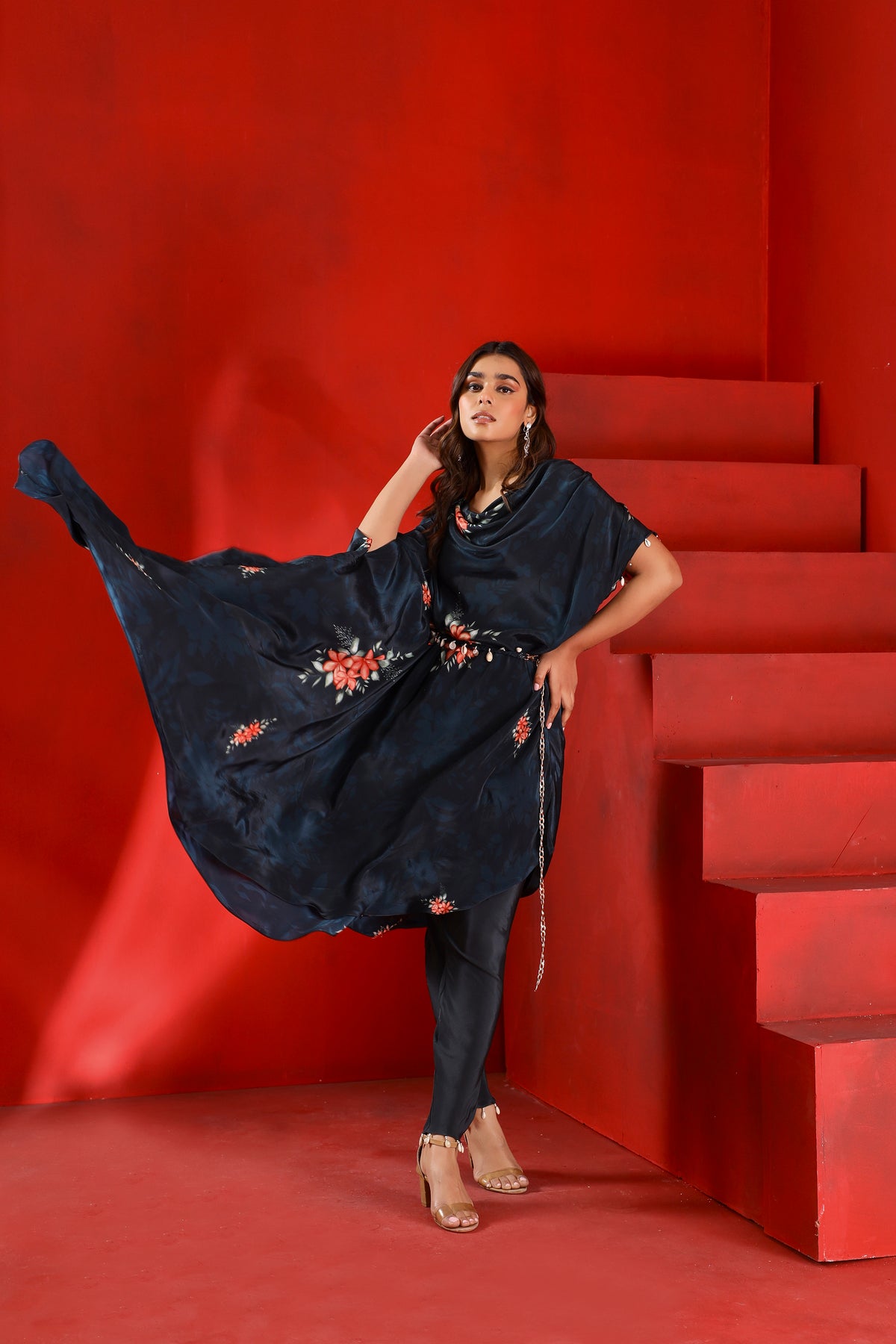 Midnight green drape kaftan tunic set