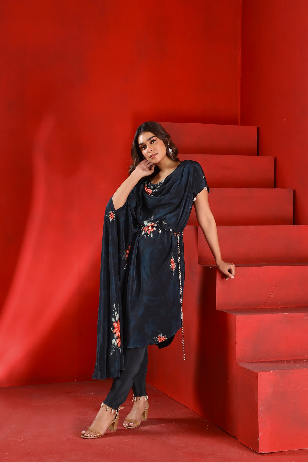 Midnight green drape kaftan tunic set