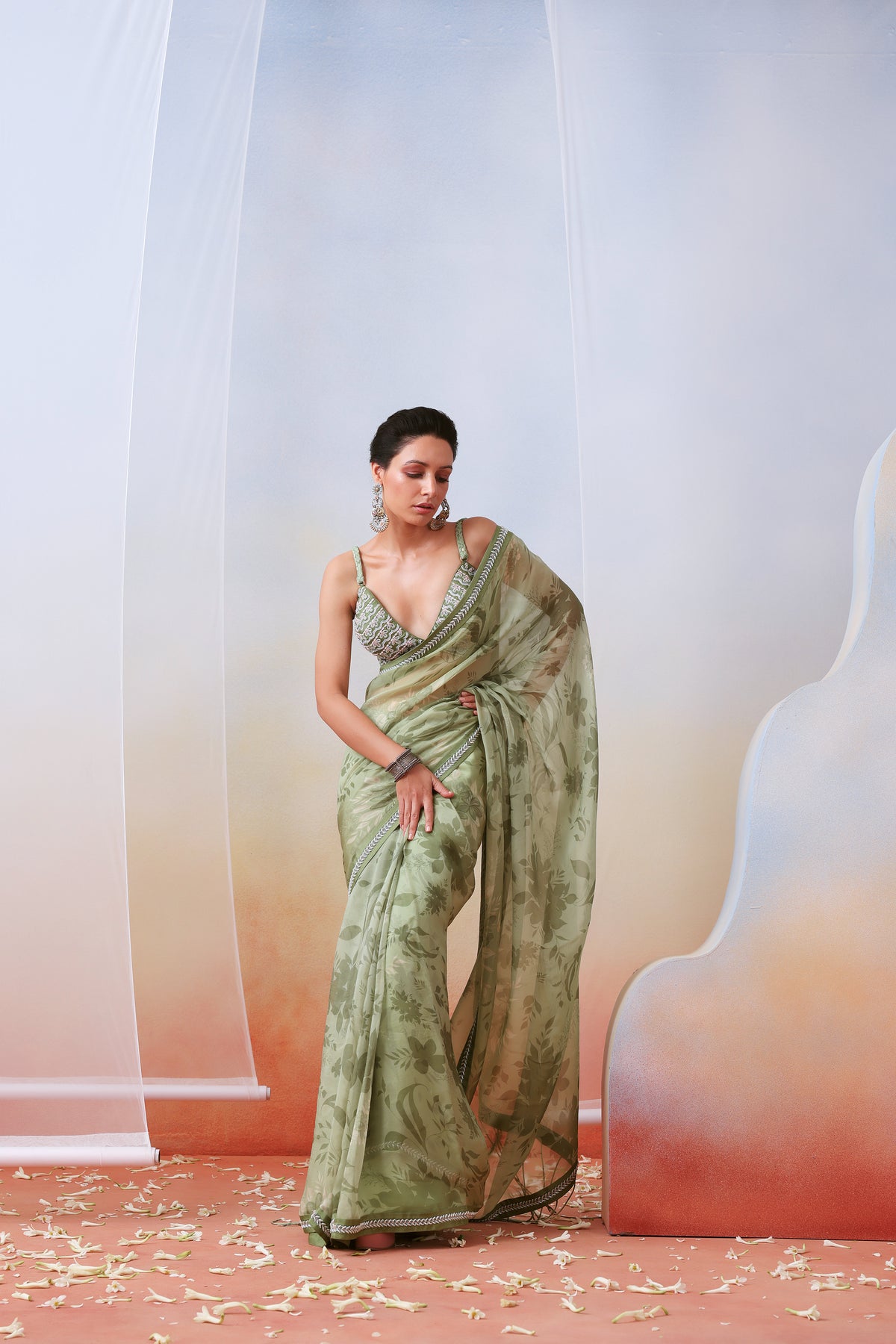 Sage Green Printed Embroidered Saree Set