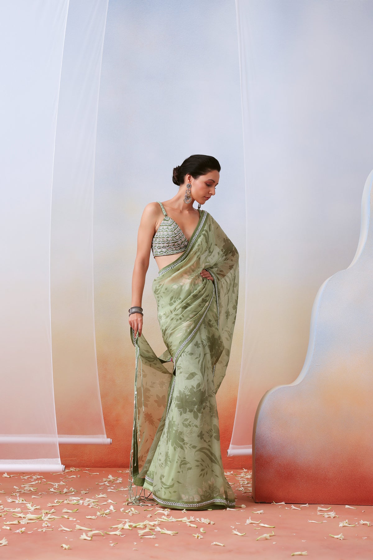 Sage Green Printed Embroidered Saree Set