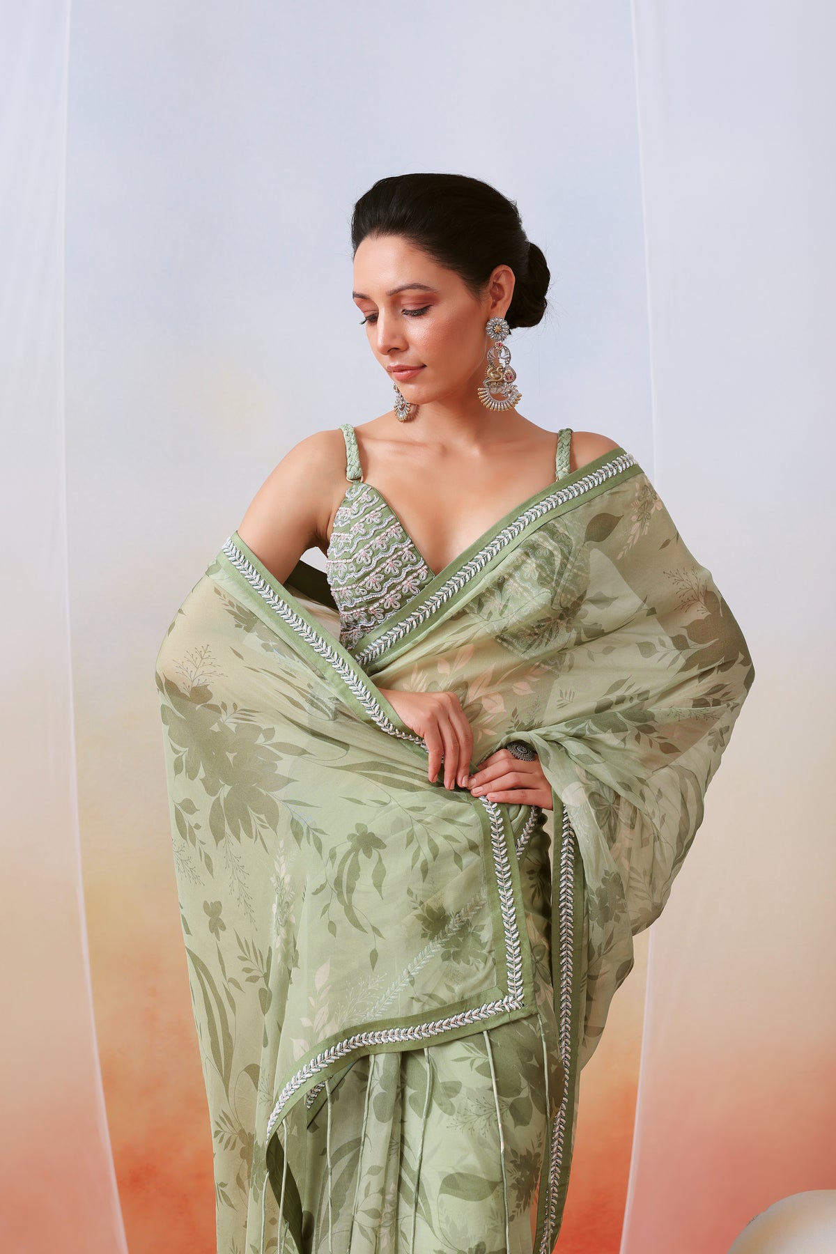 Sage Green Printed Embroidered Saree Set
