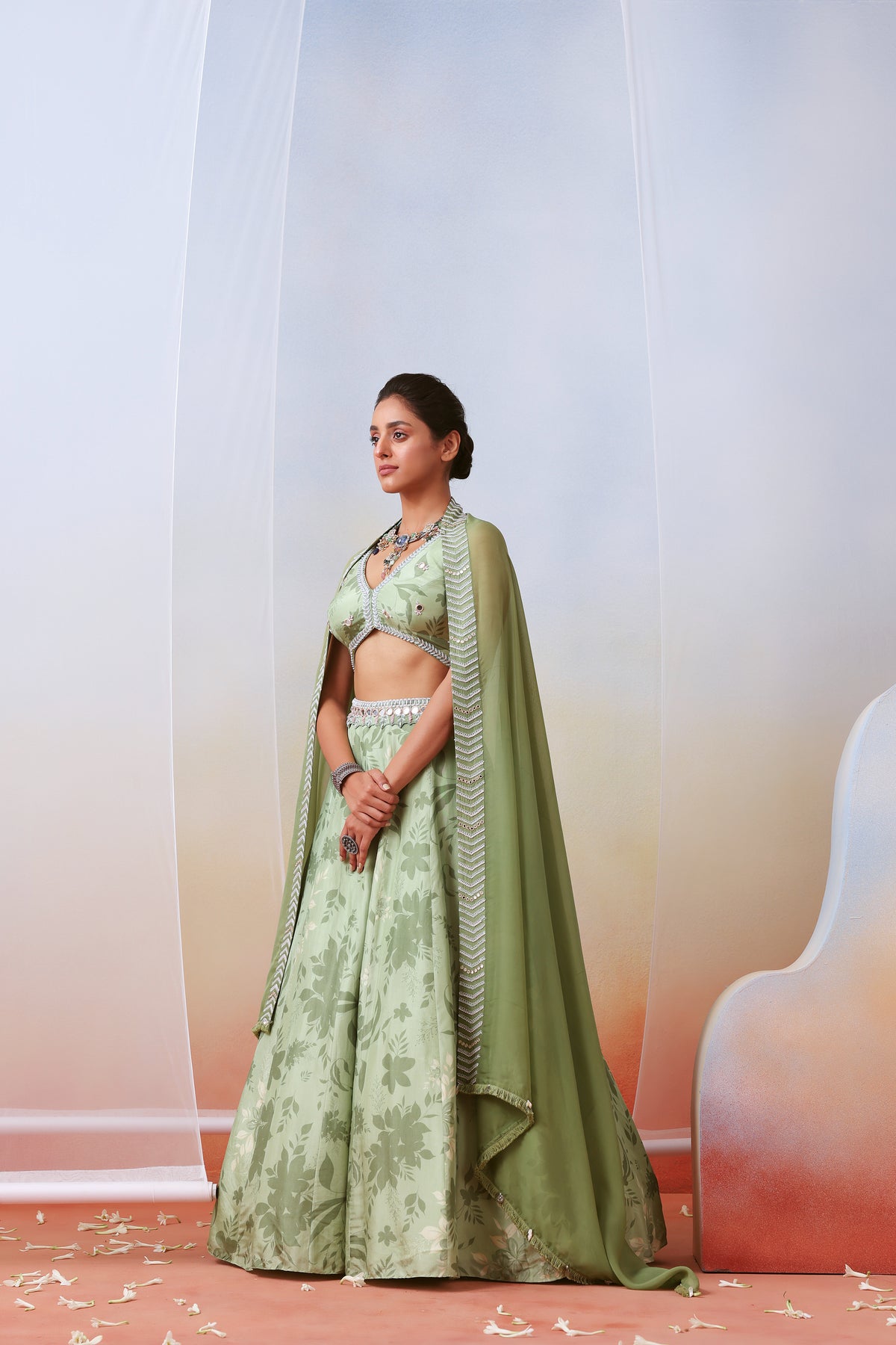 Sage Green Printed Embroidered Lehenga Set