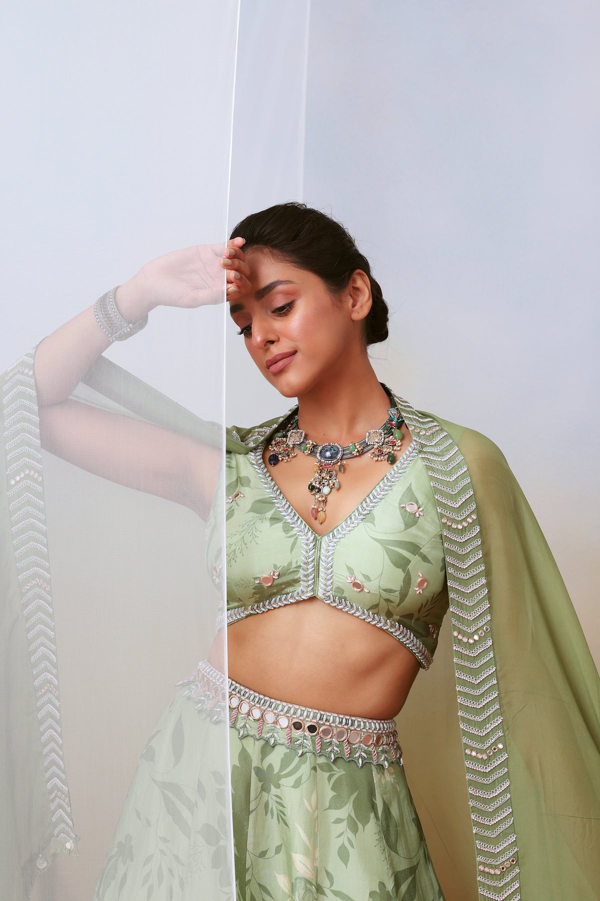 Sage Green Printed Embroidered Lehenga Set