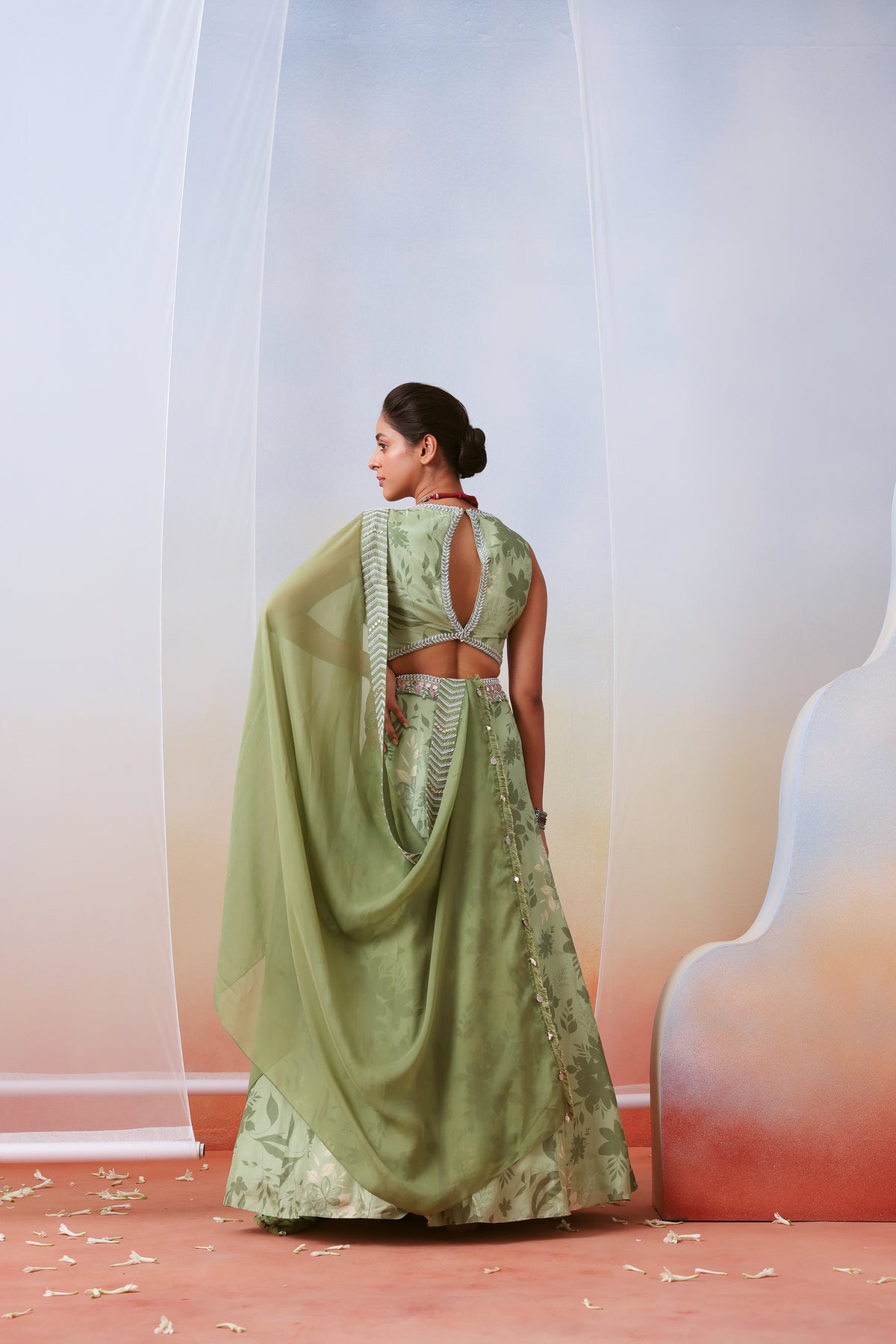 Sage Green Printed Embroidered Lehenga Set