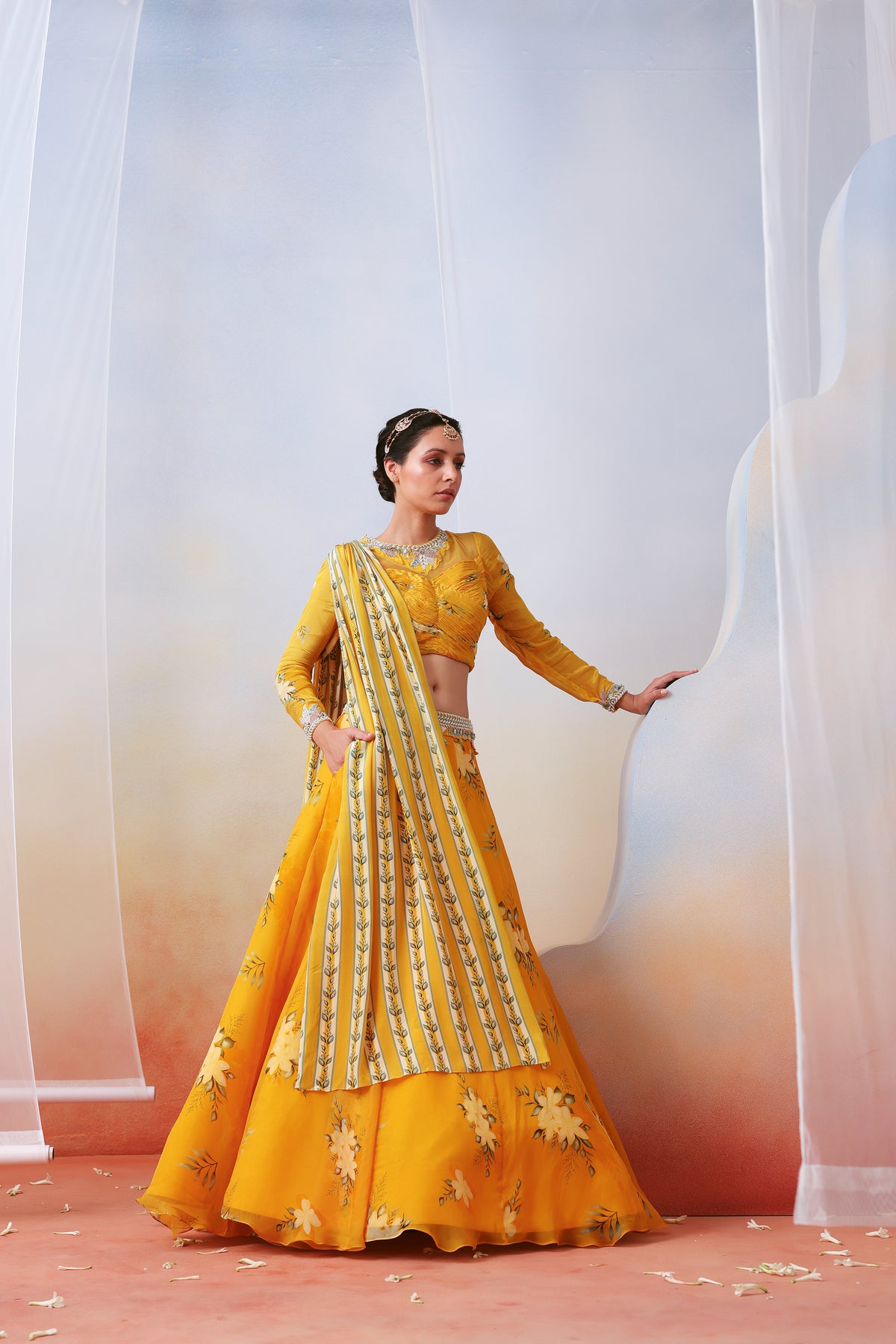 Yellow Printed Embroidered Lehenga Set