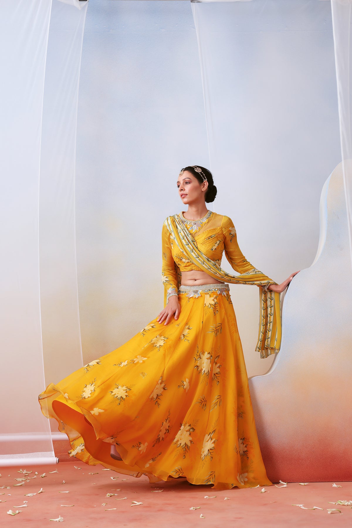 Yellow Printed Embroidered Lehenga Set