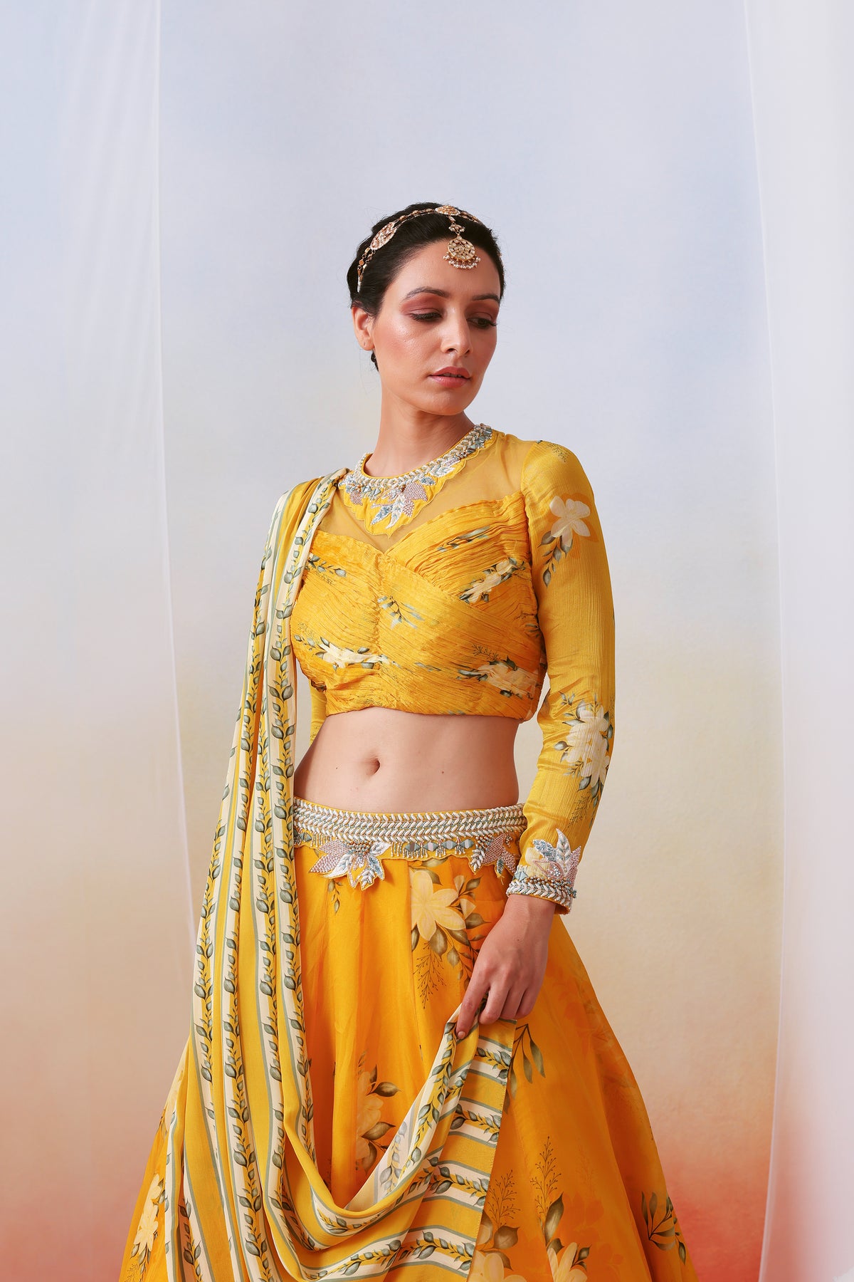 Yellow Printed Embroidered Lehenga Set