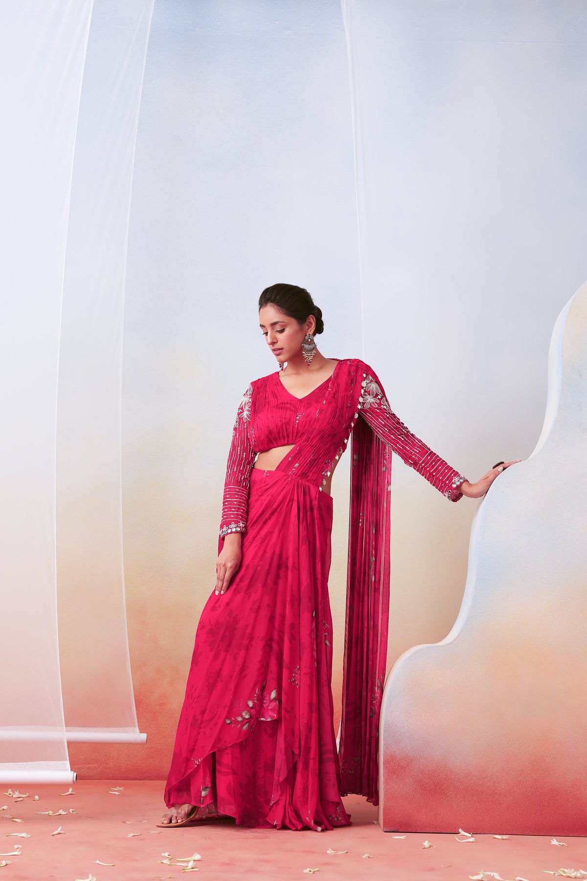 Pink Floral Printed Saree Set