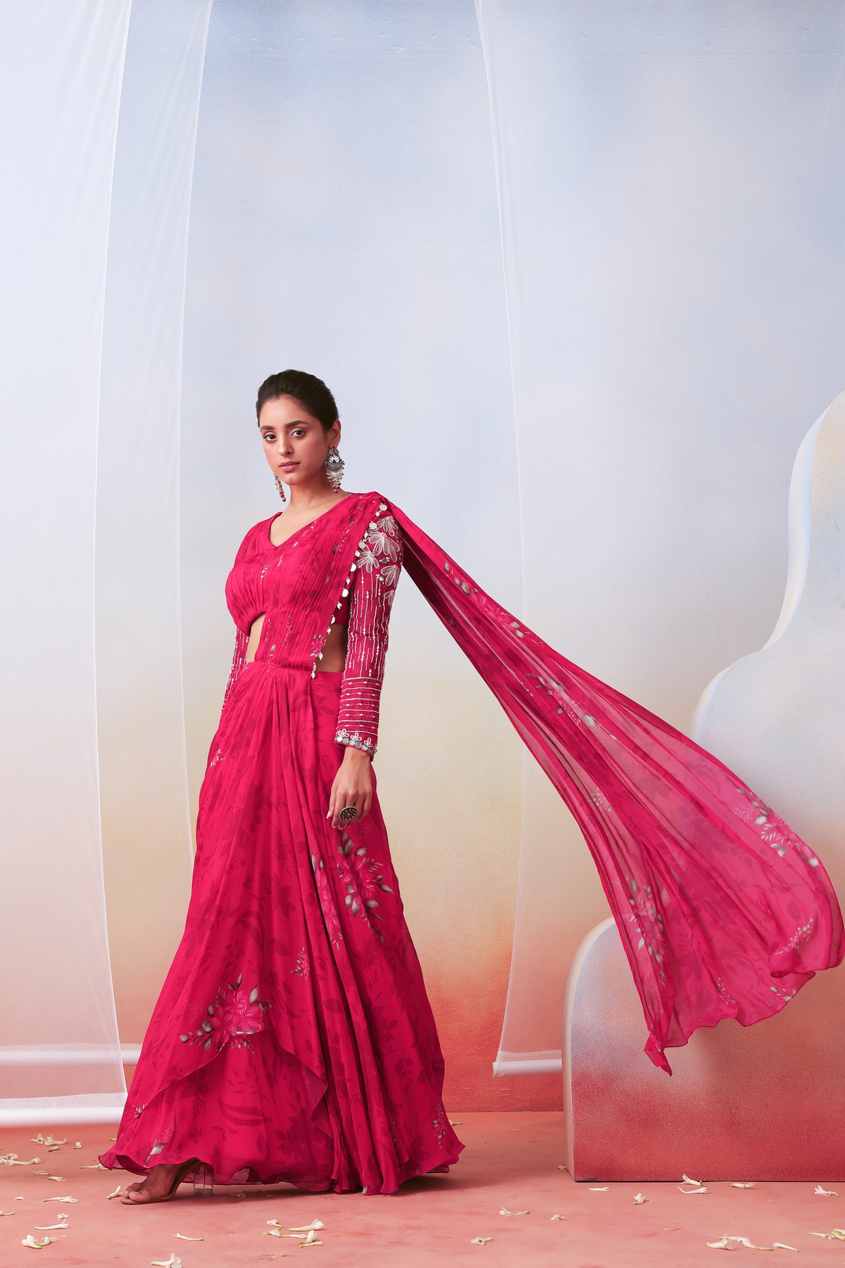 Pink Floral Printed Saree Set