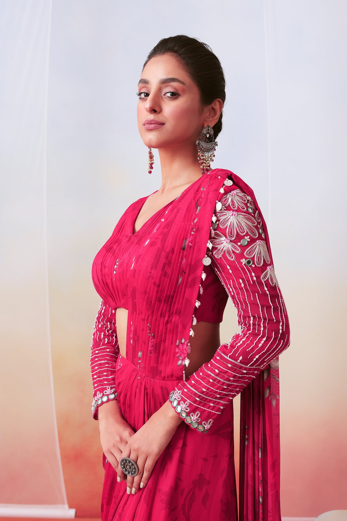 Pink Floral Printed Saree Set