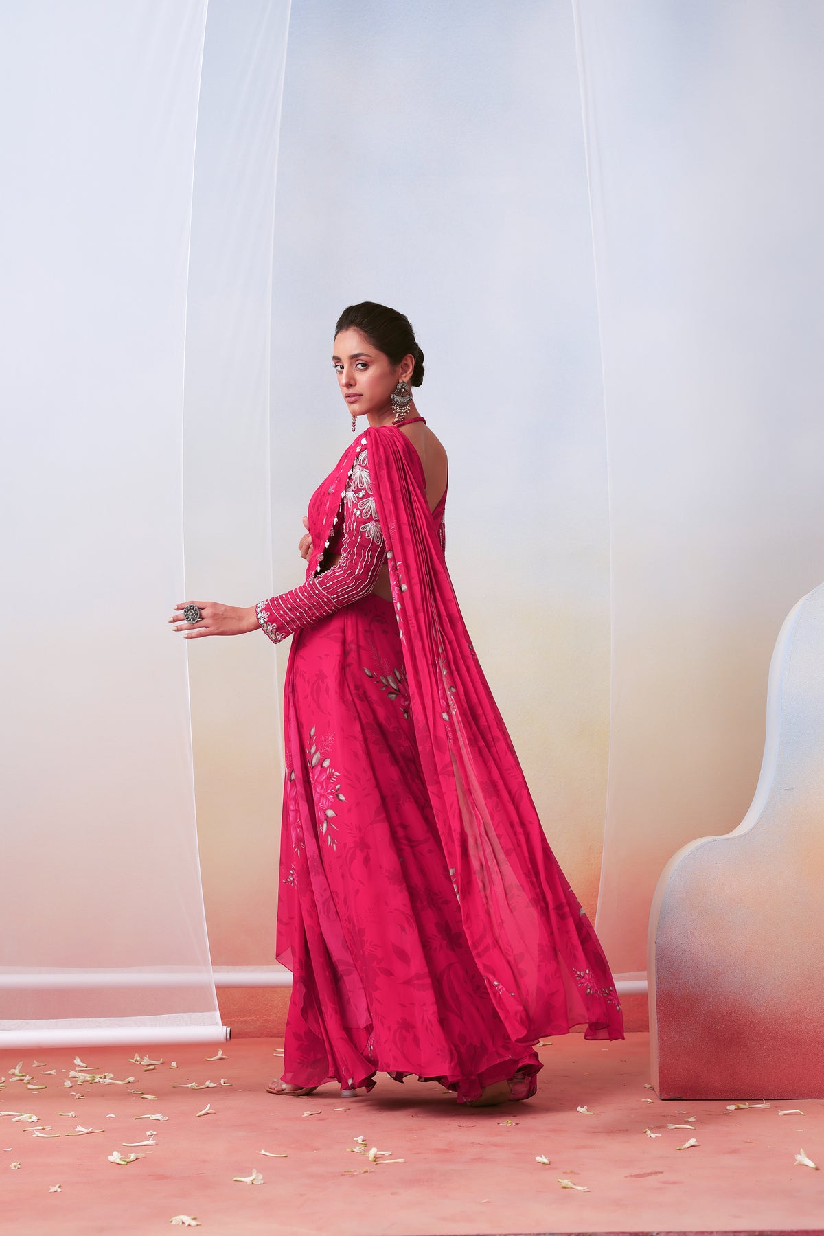 Pink Floral Printed Saree Set