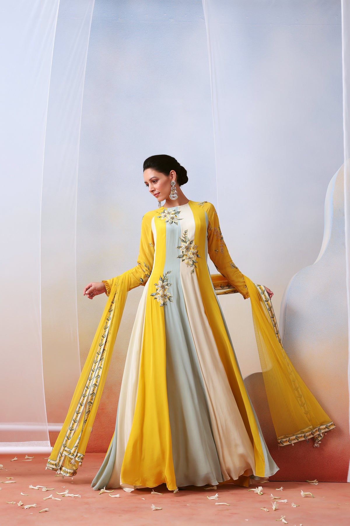 Multi Color Block Embroidered Anarkali Set